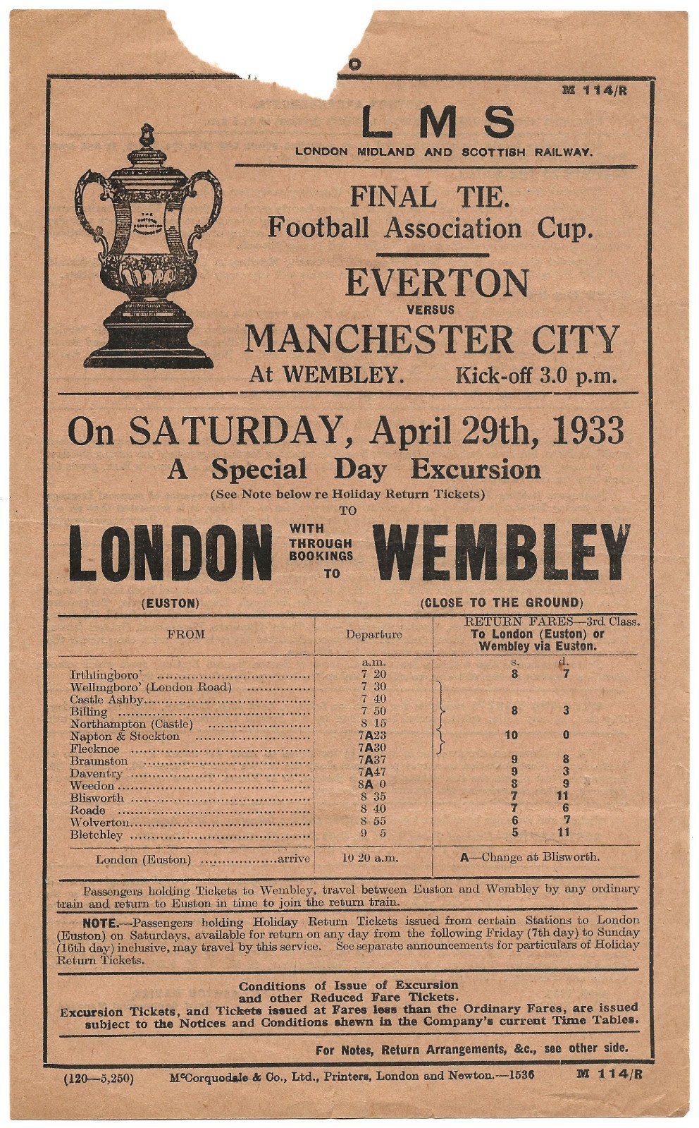 LMS Railway Handbill - FA Cup Final - Everton v Manchester City- Football - 1933 for sale on Ebay