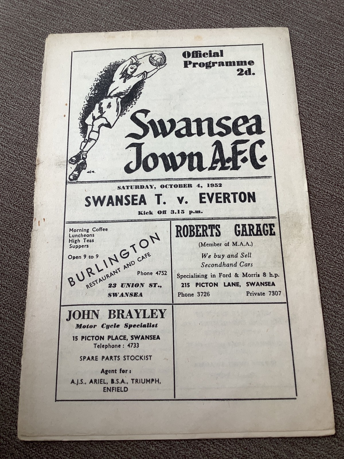 4 October 1953 Swansea v Everton for sale on Ebay