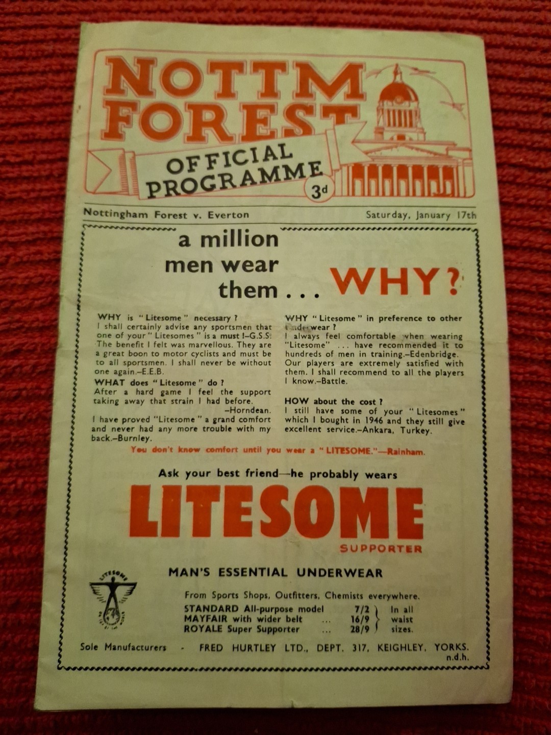 Nottingham Forest v Everton programme.  17/1/1953 for sale on Ebay