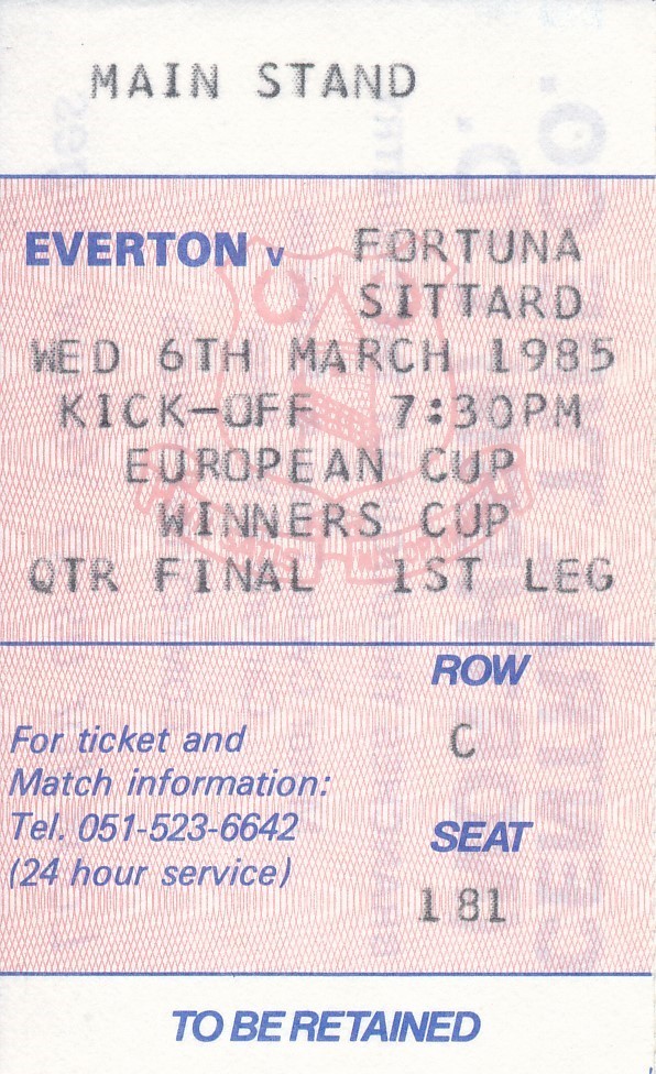 TICKET: Everton v Fortuna Sittard Netherlands (Cup Winners Cup) 1984/1985 for sale on Ebay