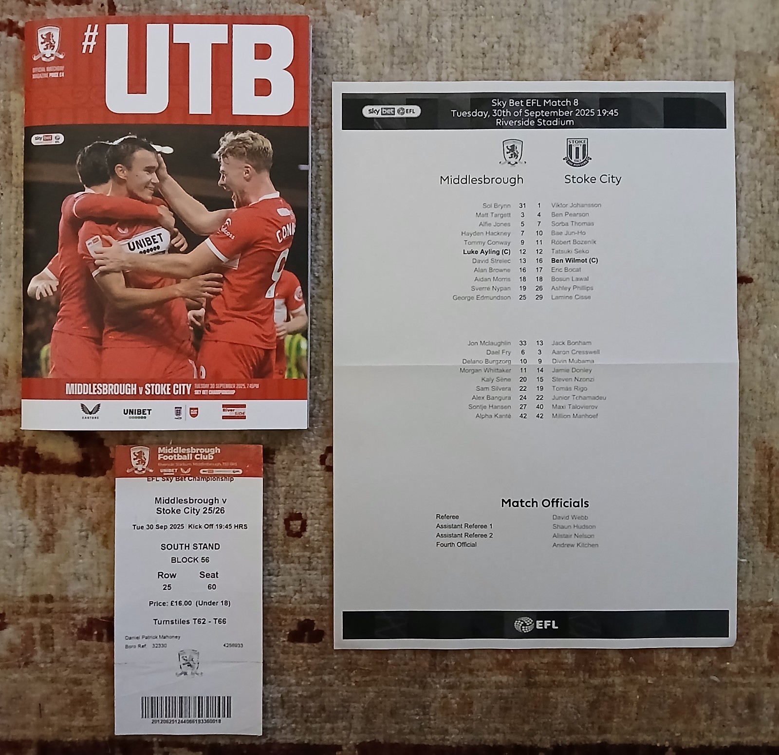 MIDDLESBROUGH v STOKE CITY Programme/Teamsheet & Ticket 30-9-25 Championship for sale on Ebay