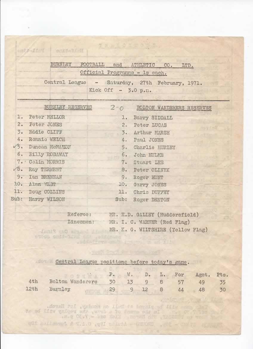 Burnley Reserves v Bolton Wanderers Reserves 1970/1971 for sale on Ebay