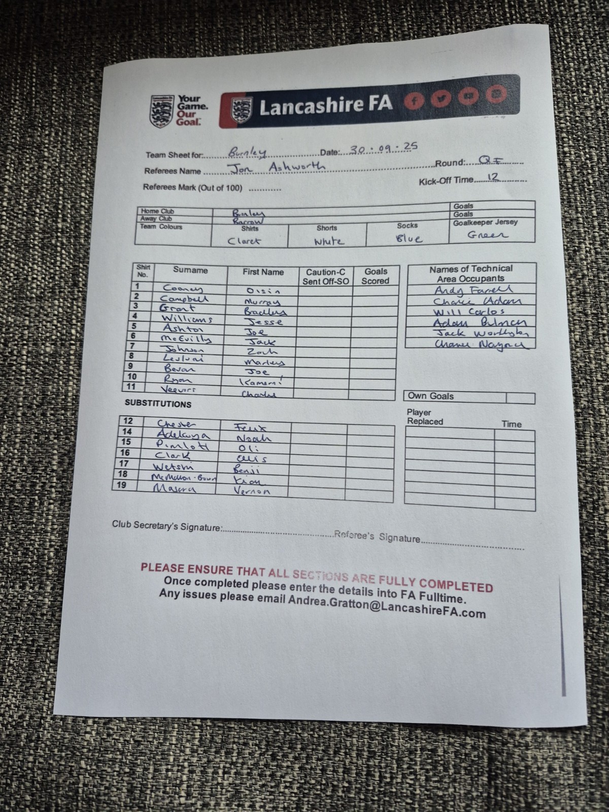 2025/26 Burnley U21 v. Barrow (Lancashire Senior Cup QF) for sale on Ebay