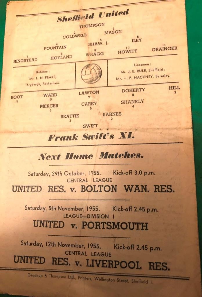 24/10/1955 SHEFFIELD UNITED v FRANK SWIFT XI [BENIFIT MATCH] PROGRAMME FAIR/GOOD for sale on Ebay