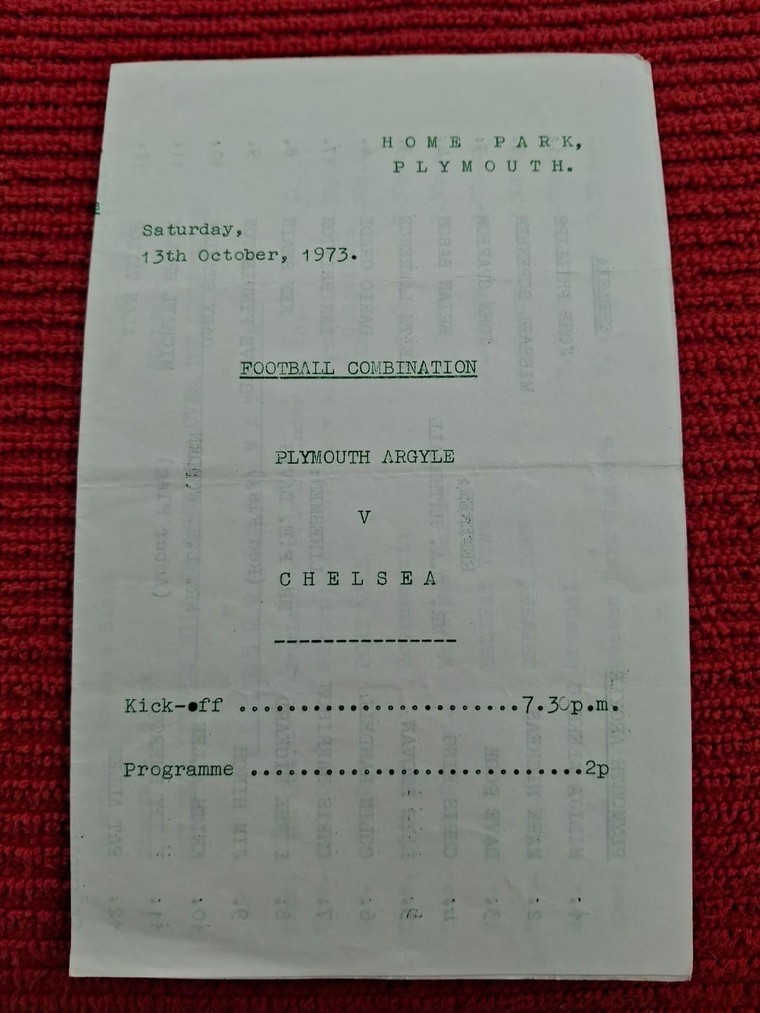 Plymouth Argyle Reserves v Chelsea Res programme.  13/10/1973 for sale on Ebay