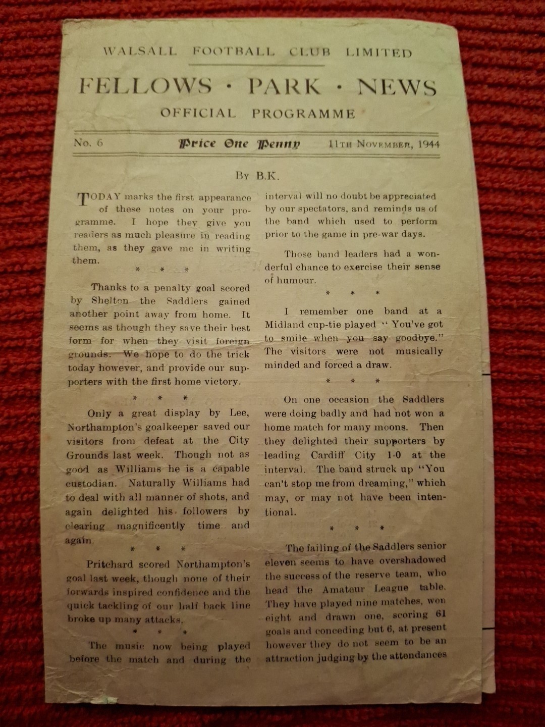 Walsall v Northampton Town programme.  11/11/1944 for sale on Ebay