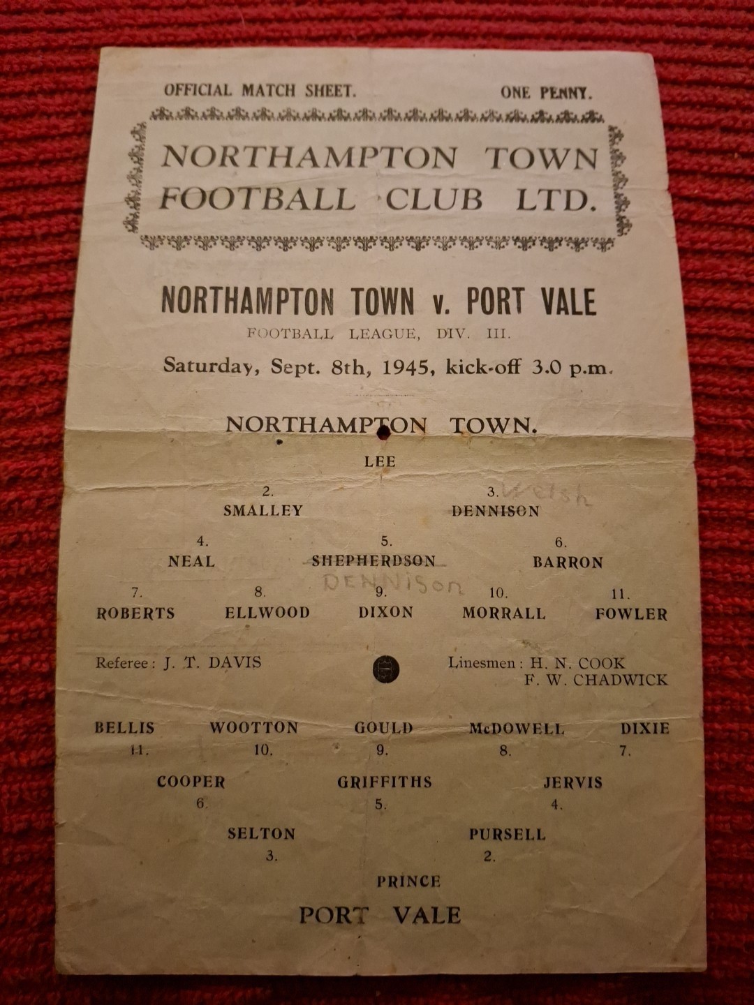 Northampton Town v Port Vale programme.  8/9/1945 for sale on Ebay