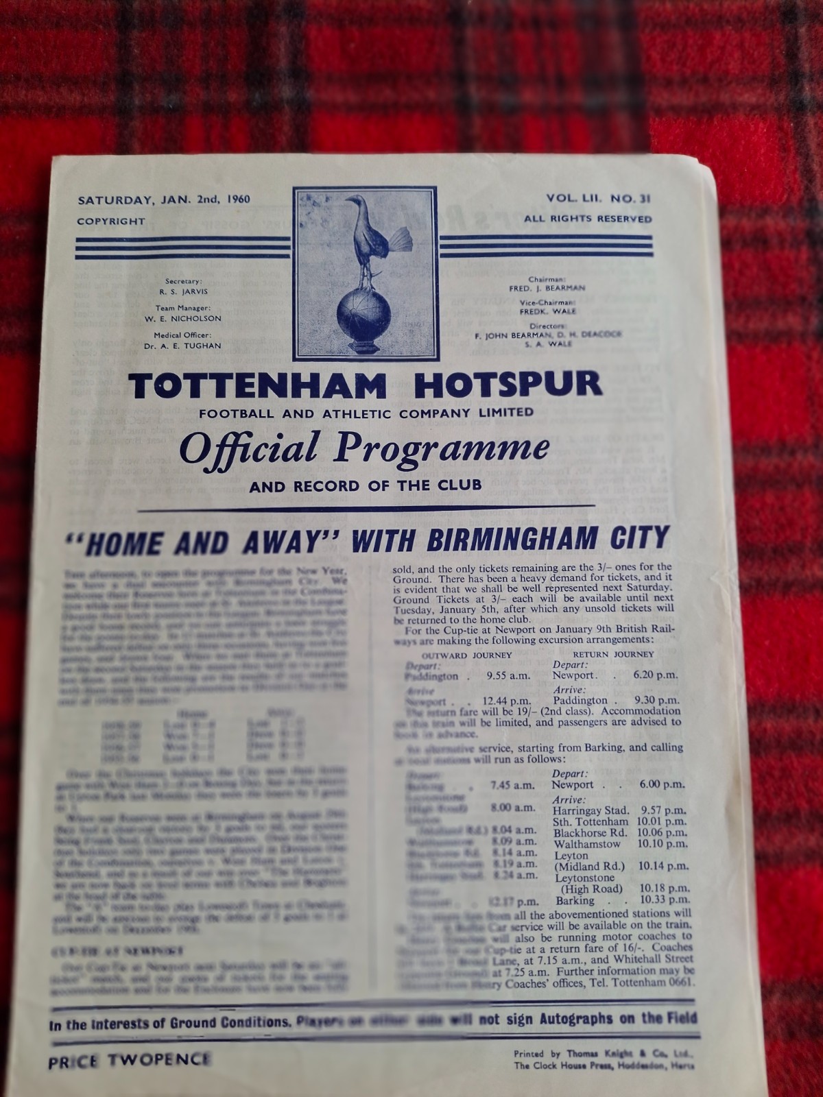 TOTTENHAM V BIRMINGHAM CITY 1959-60 for sale on Ebay