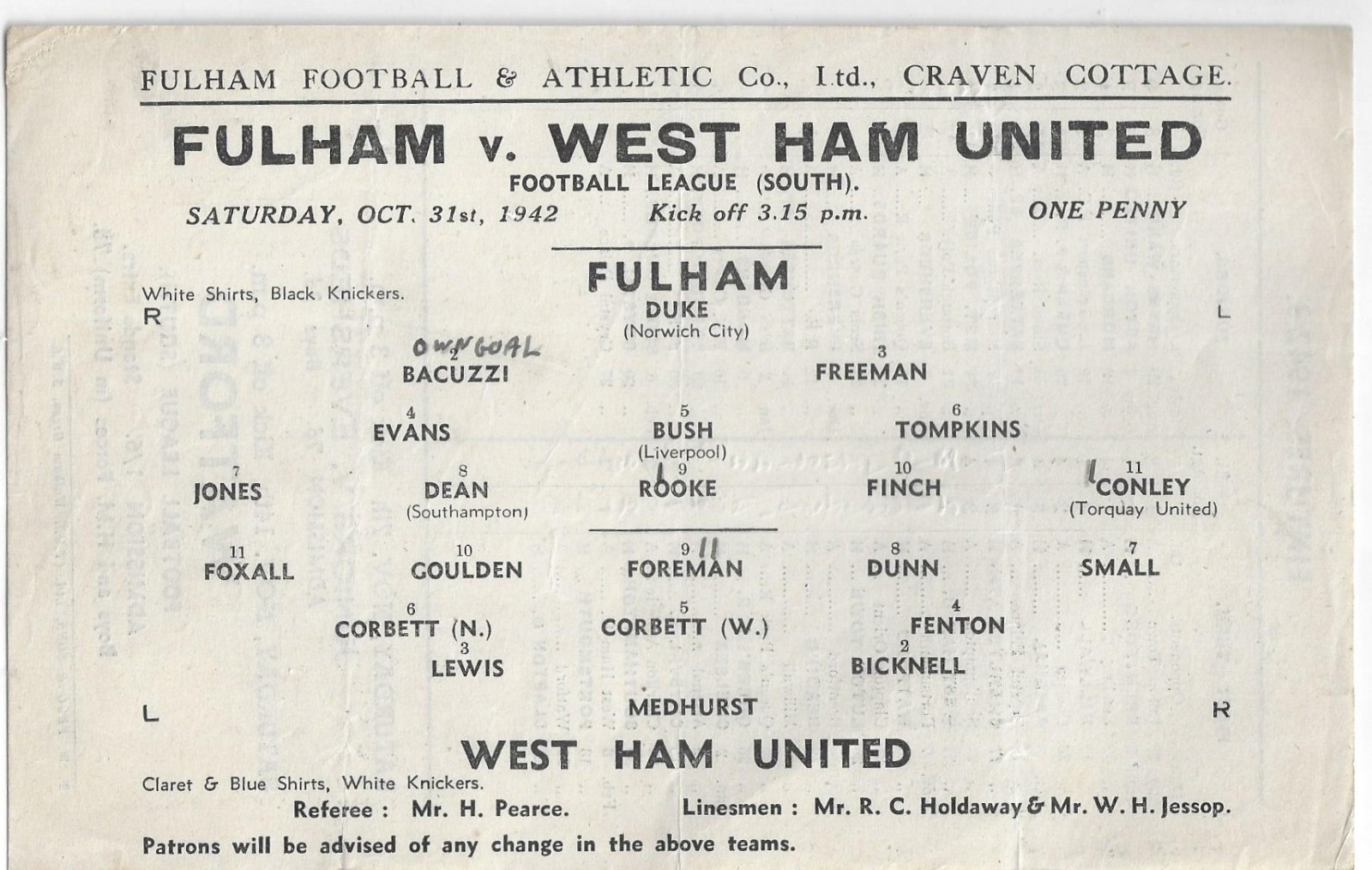 Fulham v West Ham United 1942/43 War League for sale on Ebay