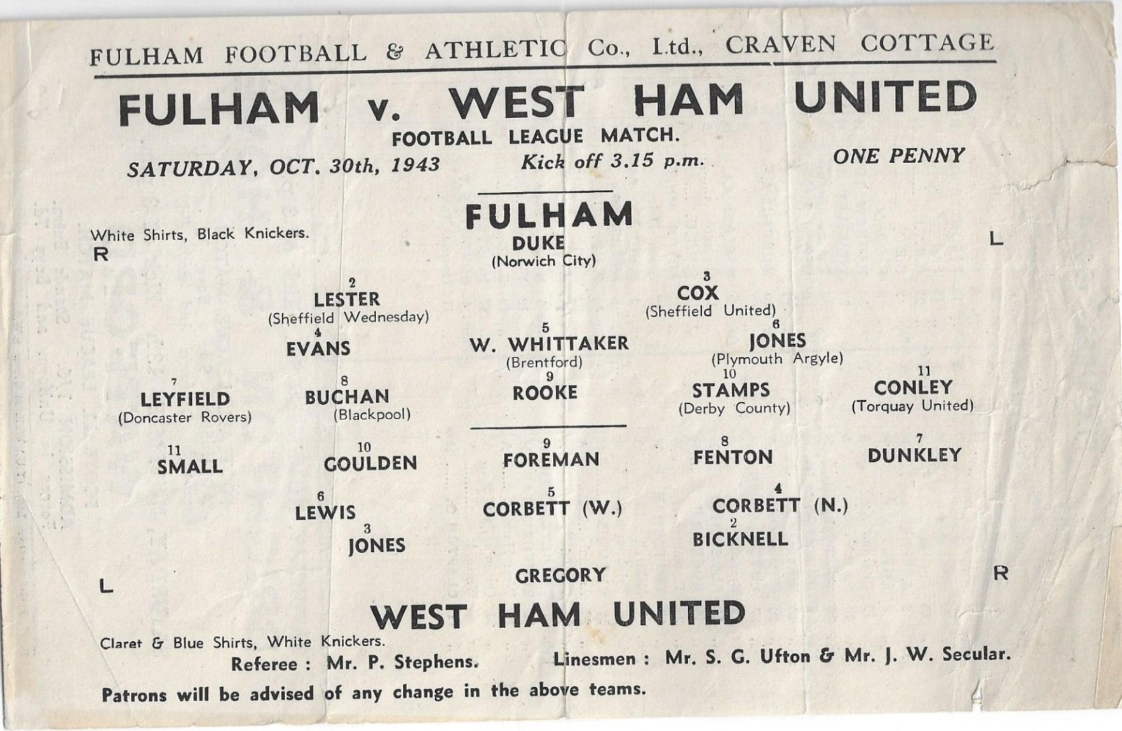 Fulham v West Ham United 1943/44 War League for sale on Ebay