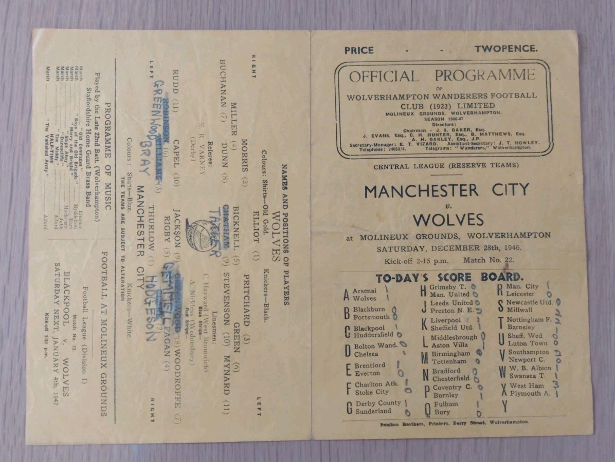 Wolves Res - Wolverhampton Wanderers v Manchester City Res 1946-47 for sale on Ebay