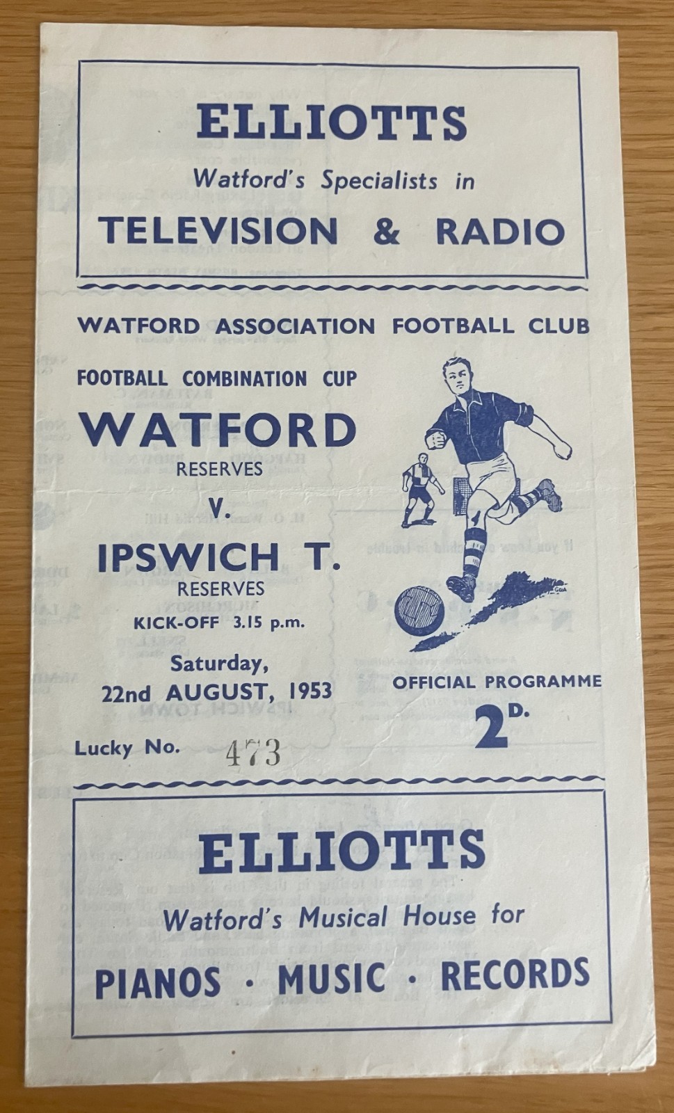Watford Reserves v Ipswich Town Reserves 22nd August 1953 for sale on Ebay