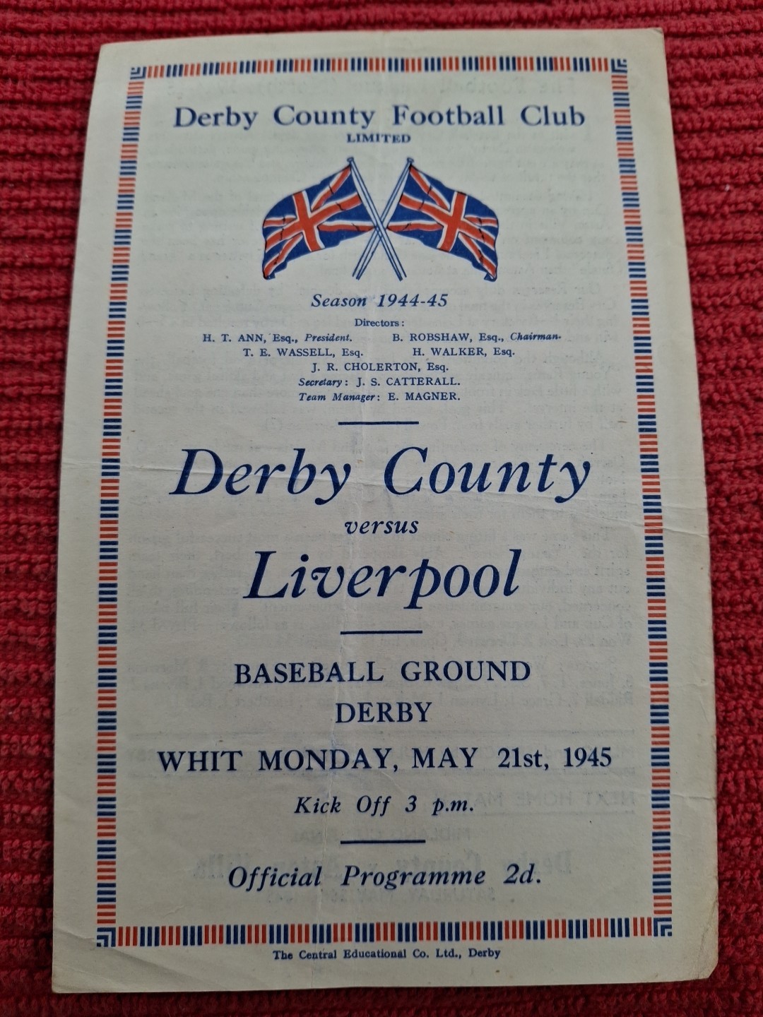 Derby County v Liverpool programme.  21/5/1945 for sale on Ebay