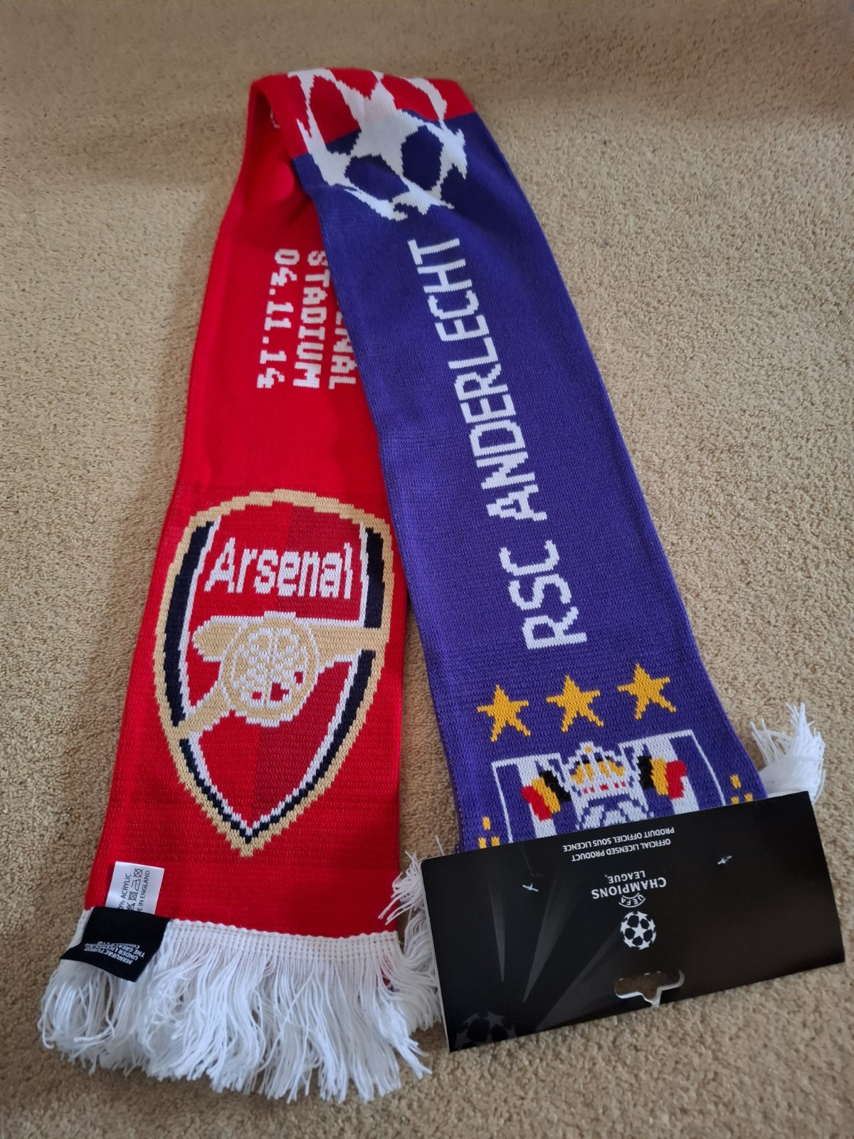 Half n Half Football Scarf ARSENAL v ANDERLECHT Unworn With Label  for sale on Ebay