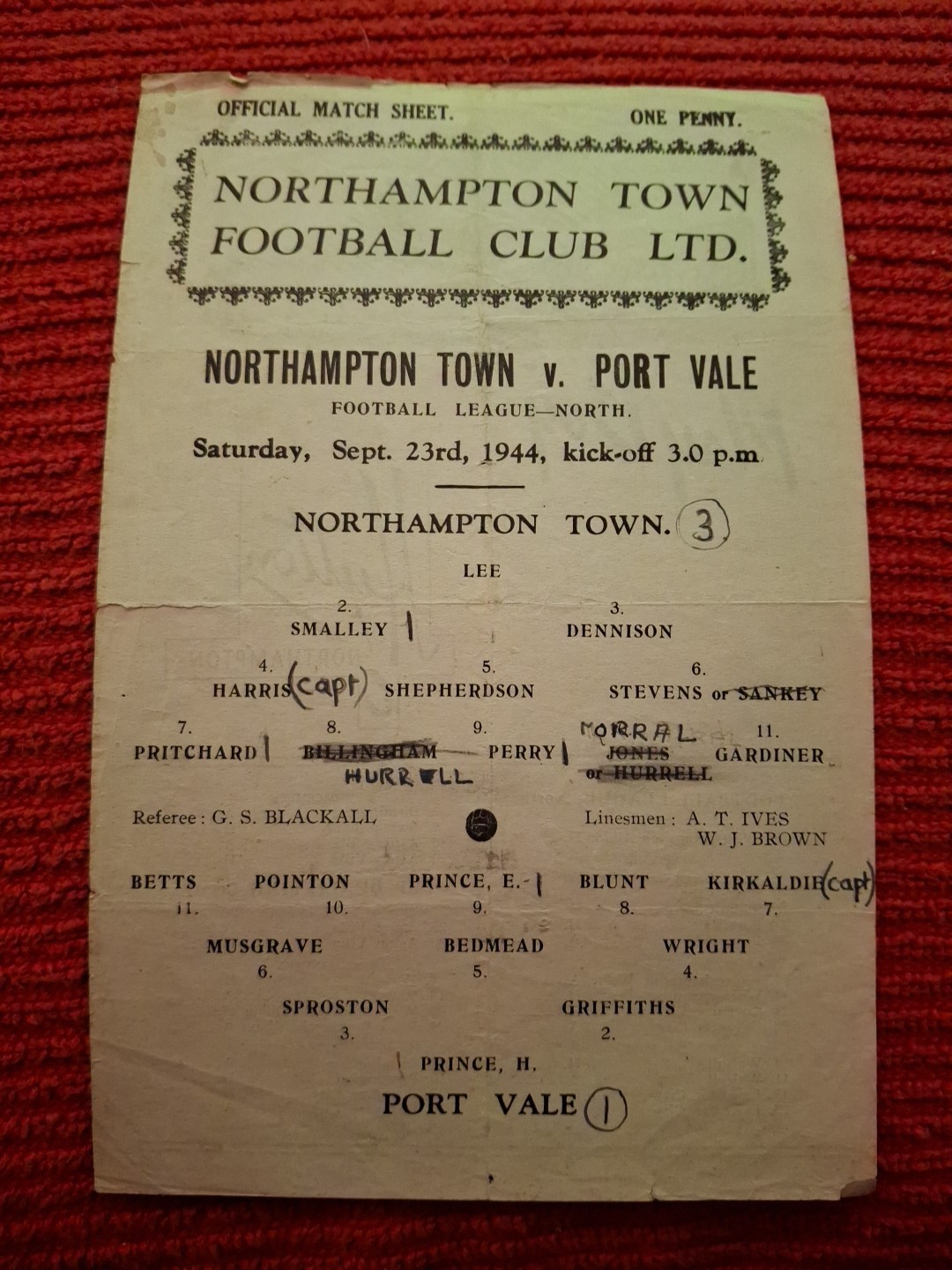 Northampton Town v Port Vale programme.  23/9/1944 for sale on Ebay