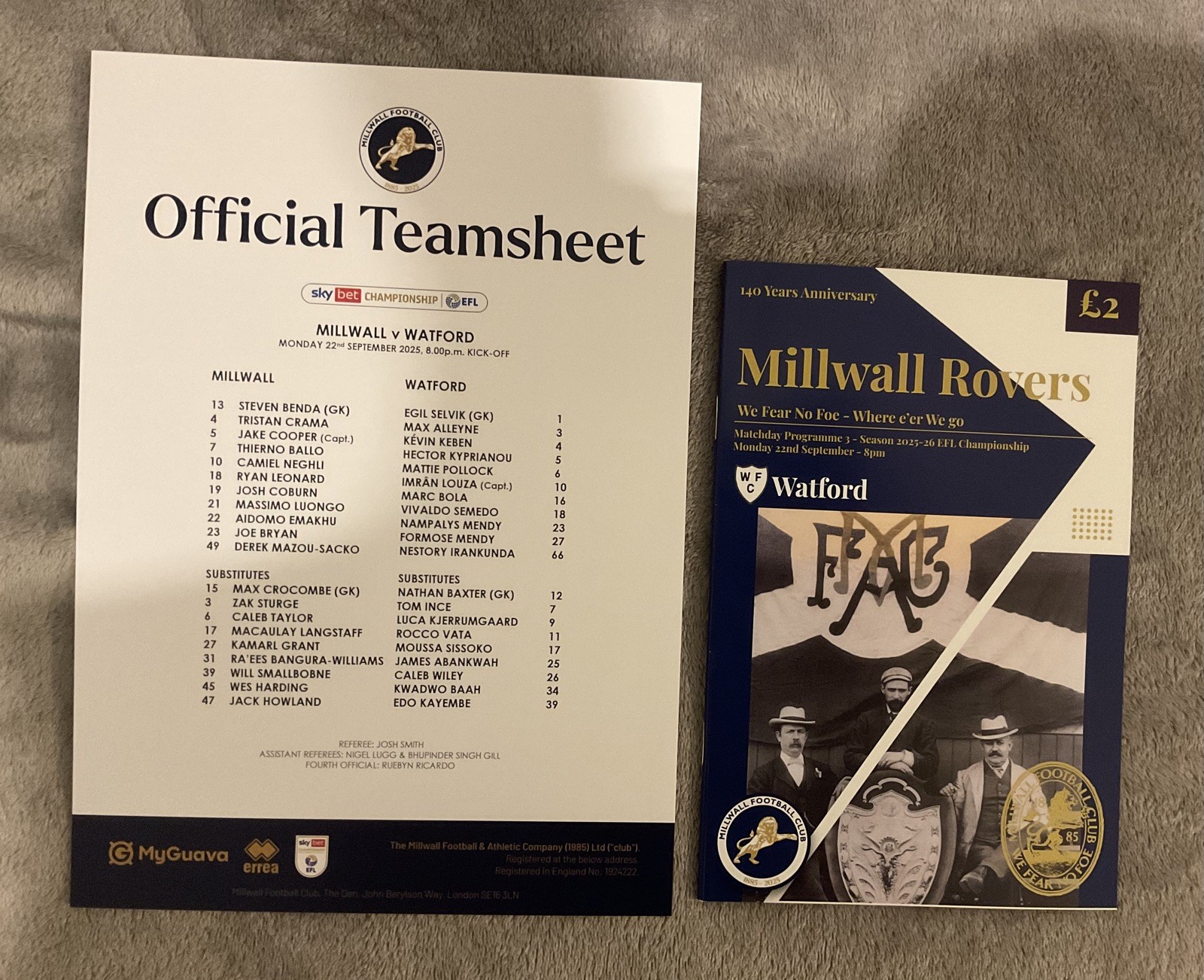 Millwall V Watford programme & team-sheet 22/09/2025 for sale on Ebay