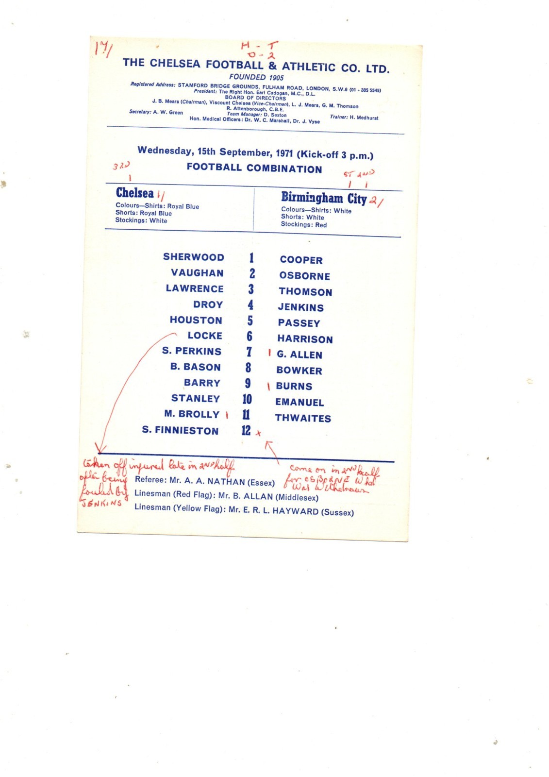 Chelsea Res v Birmingham City Res 1971 - 1972 for sale on Ebay