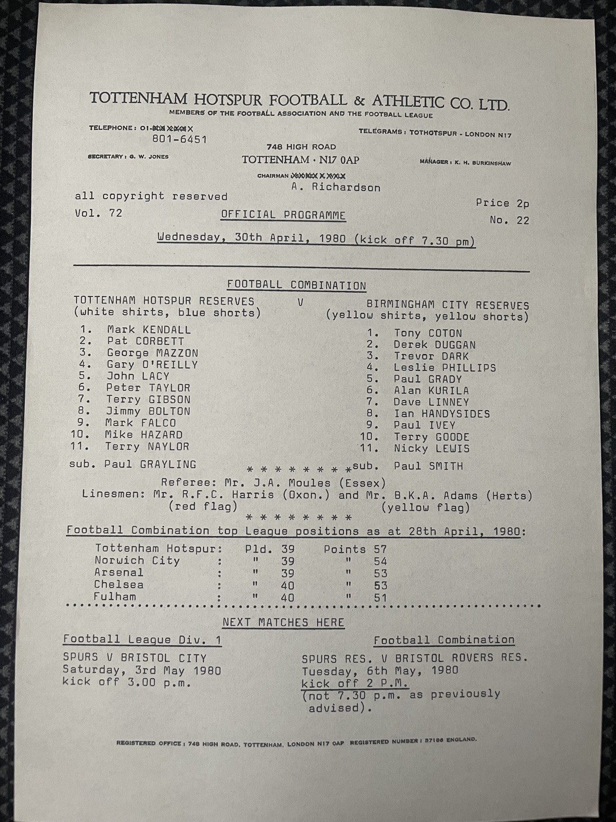 TOTTENHAM HOTSPUR Reserves v Birmingham City Reserves Programme 30 April 1980 for sale on Ebay