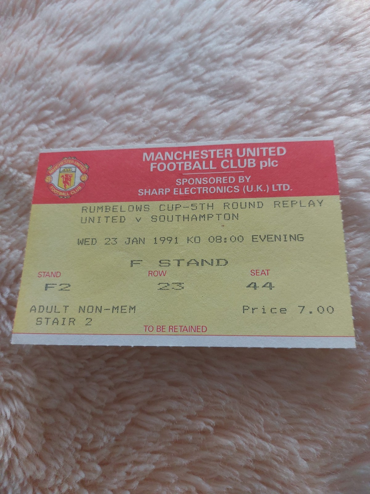 MANCHESTER UNITED v SOUTHAMPTON FOOTBALL TICKET RUMBELOWS CUP REPLAY 23 JAN 1991 for sale on Ebay