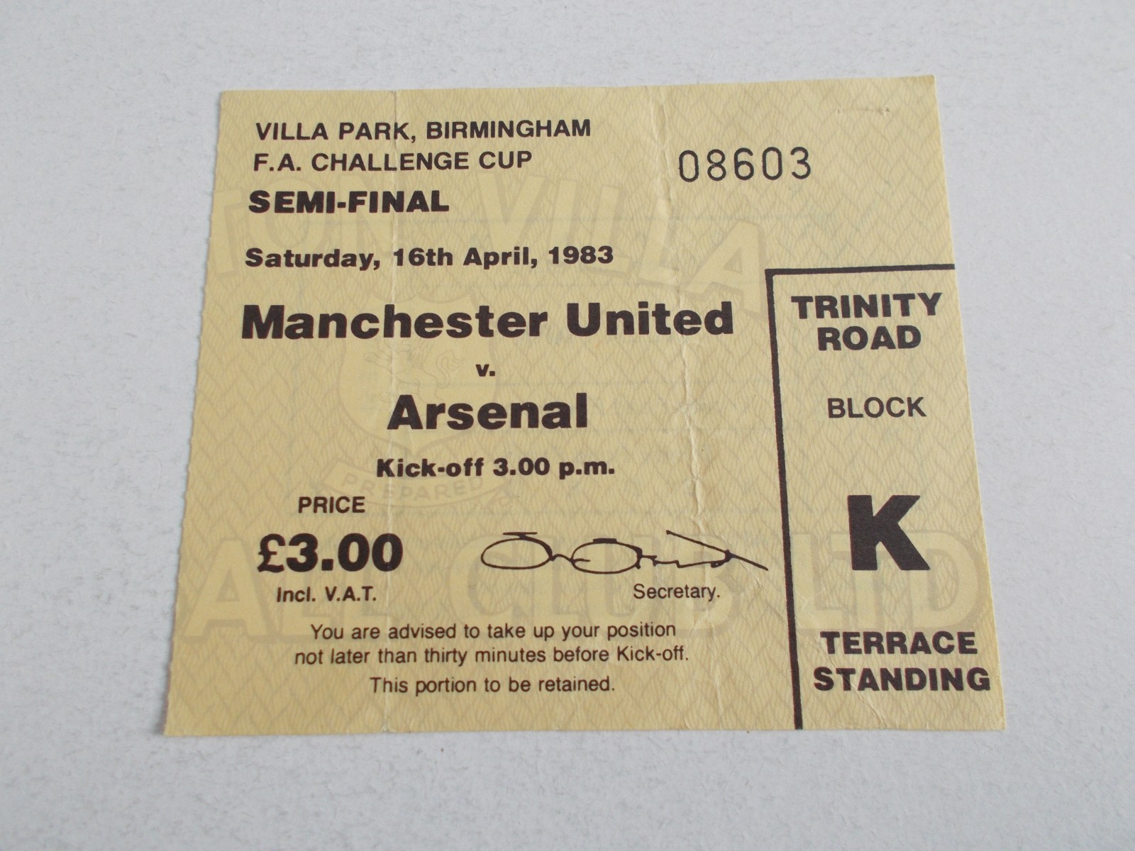 TICKET   Manchester United  v  Arsenal  1983  FA Cup Semi at Aston Villa for sale on Ebay