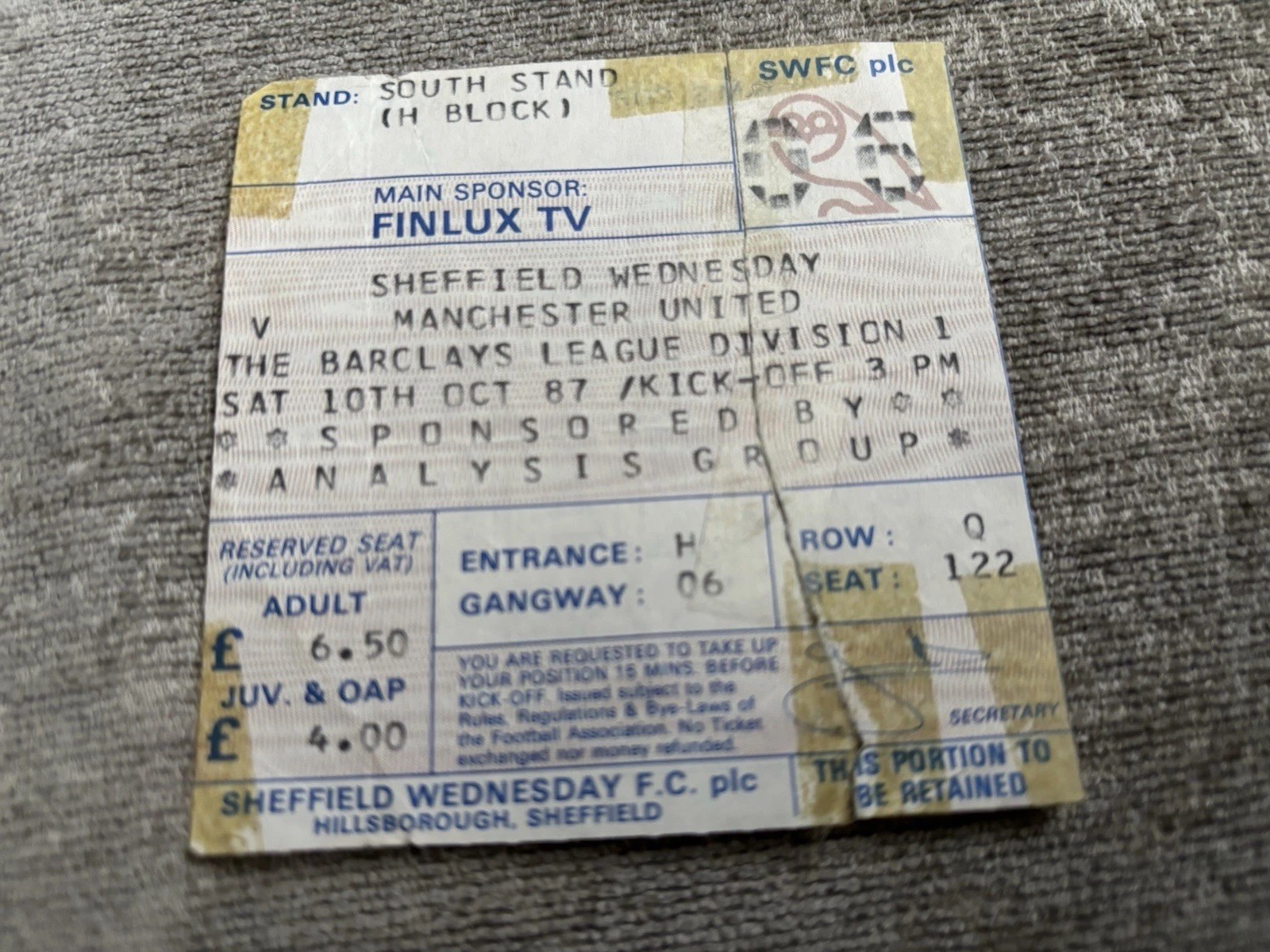 1987 SHEFFIELD WEDNESDAY V MANCHESTER UNITED MAN UTD DIV 1 TICKET STUB 10/10/87 for sale on Ebay
