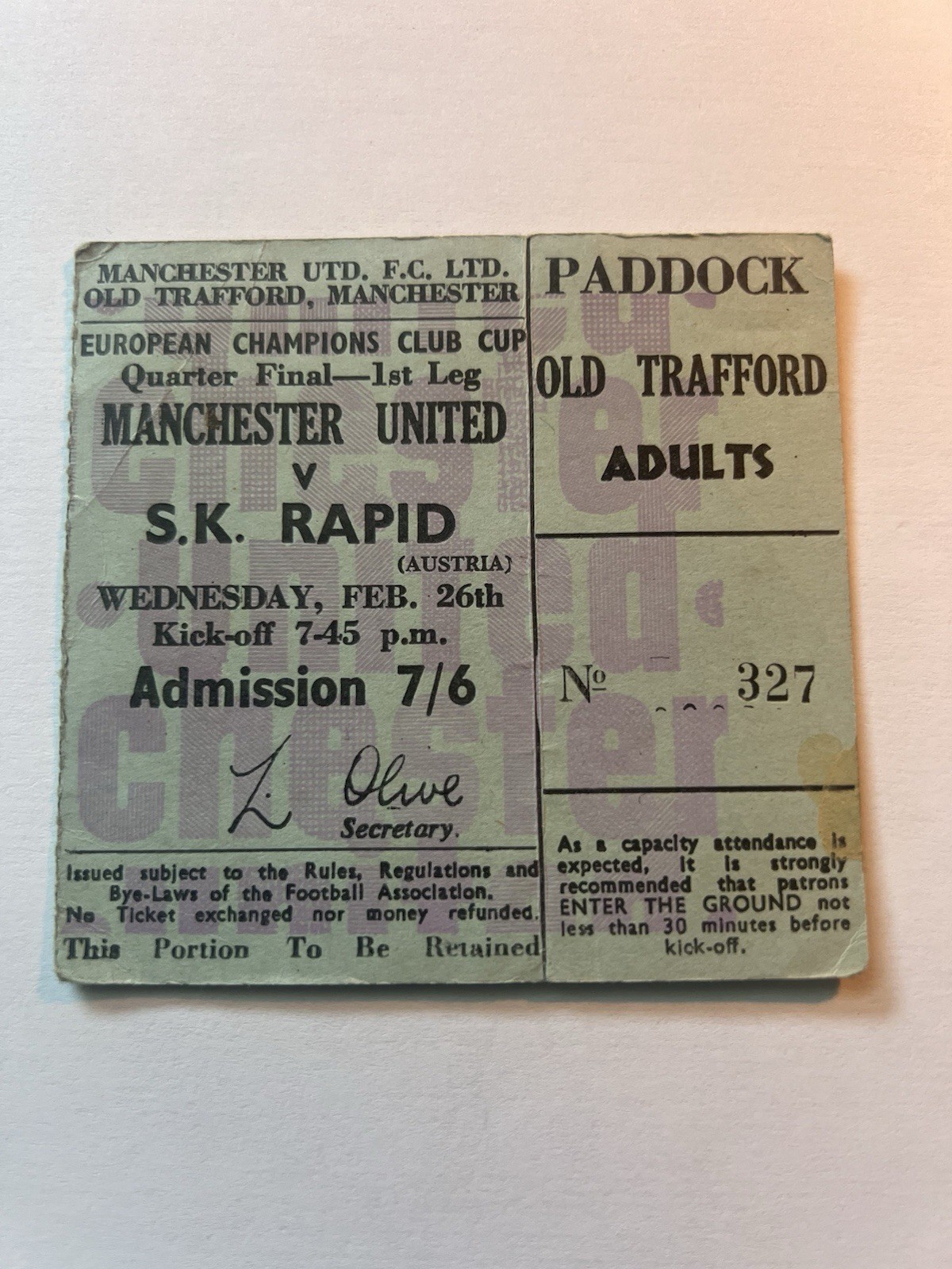 1959 26th Feb,  EUROPEAN CUP MATCH TICKET,  MANCHESTER UTD V SK RAPID for sale on Ebay