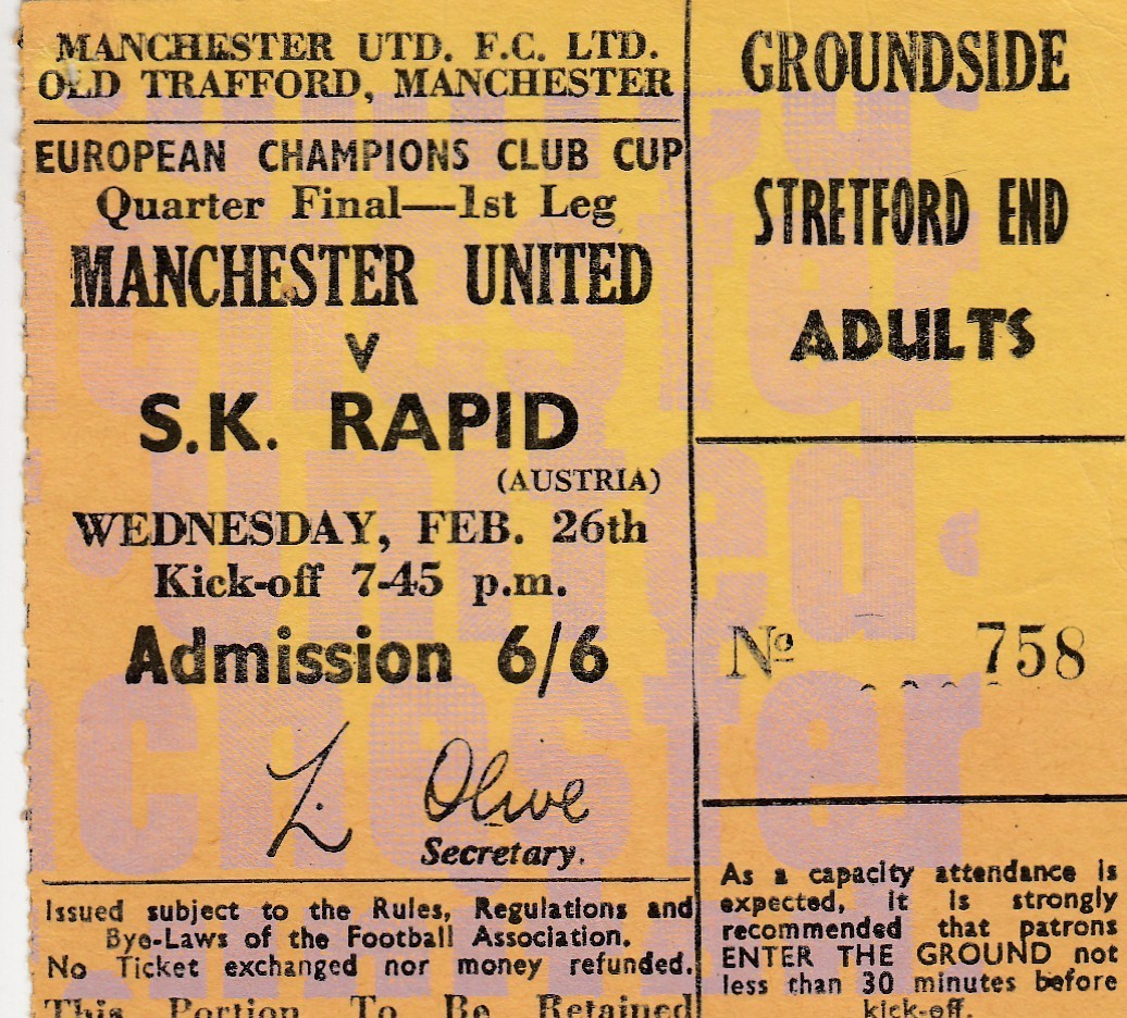 MANCHESTER UNITED V S.K RAPID VIENNA 26/2/1969 EUROPREAN CUP - USED  TICKET for sale on Ebay