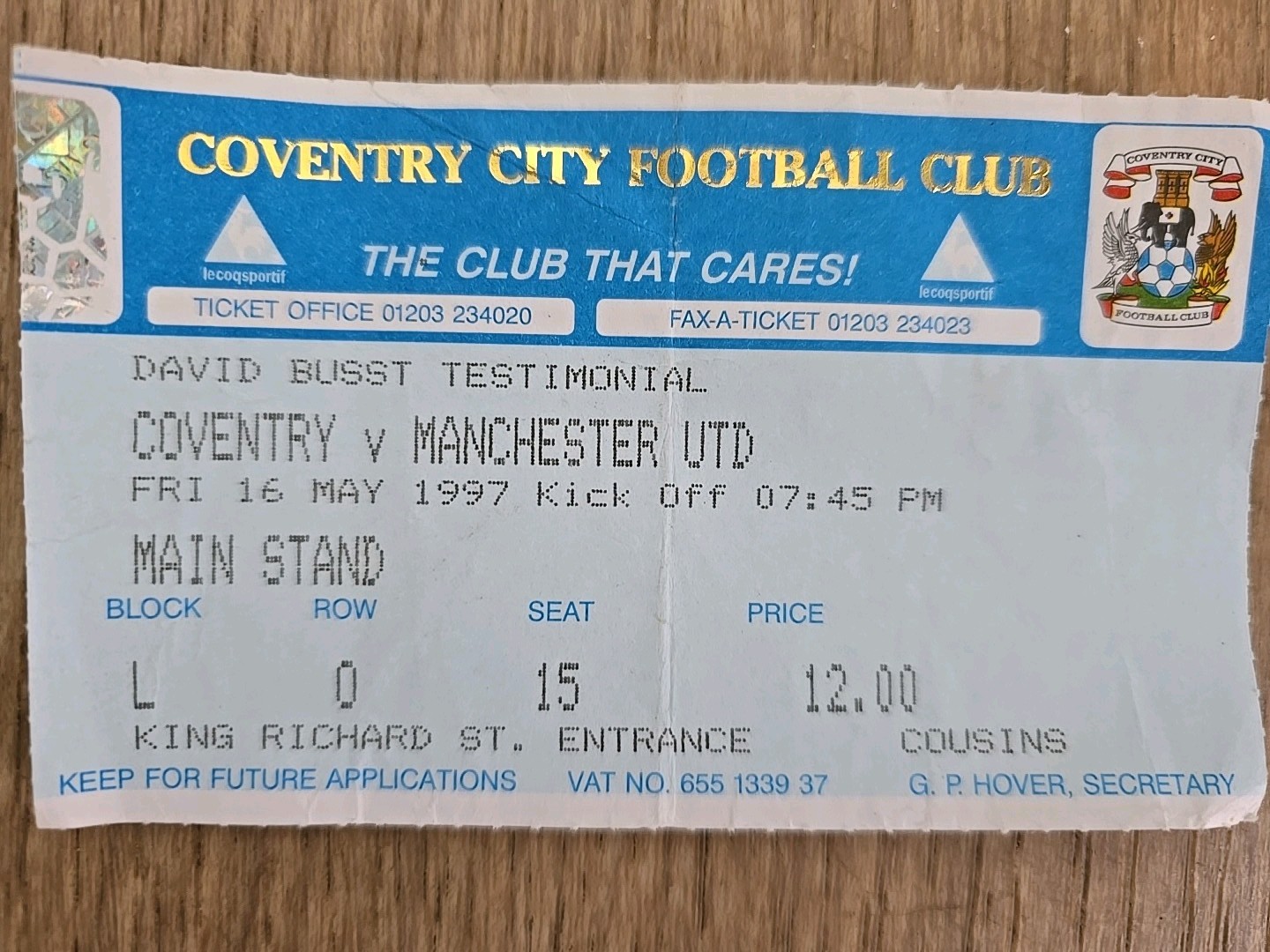 Ticket Stub: Coventry v Manchester United - David Busst Testimonial May 1997 for sale on Ebay