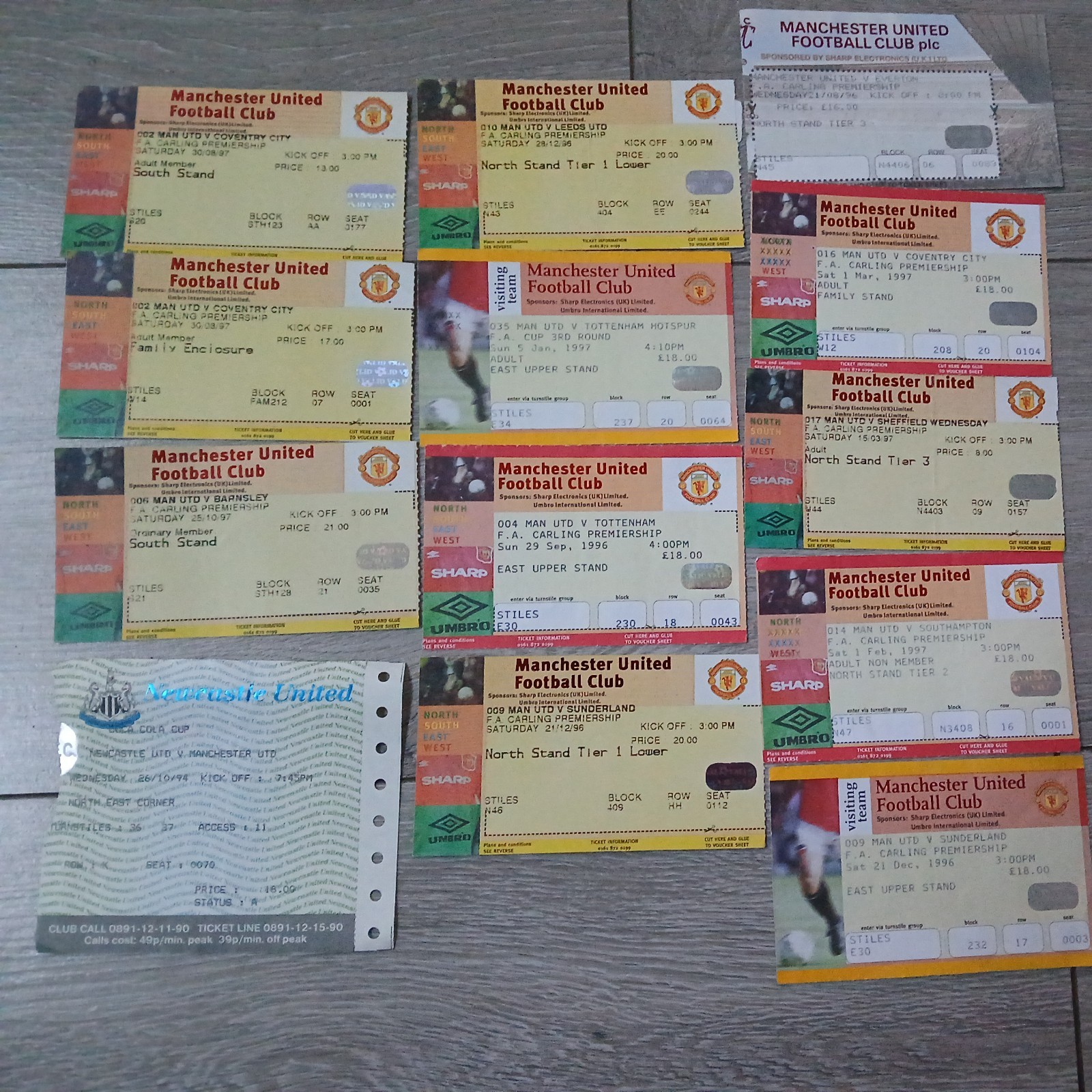 13 Manchester United Home Ticket Collection  1994-1997 for sale on Ebay