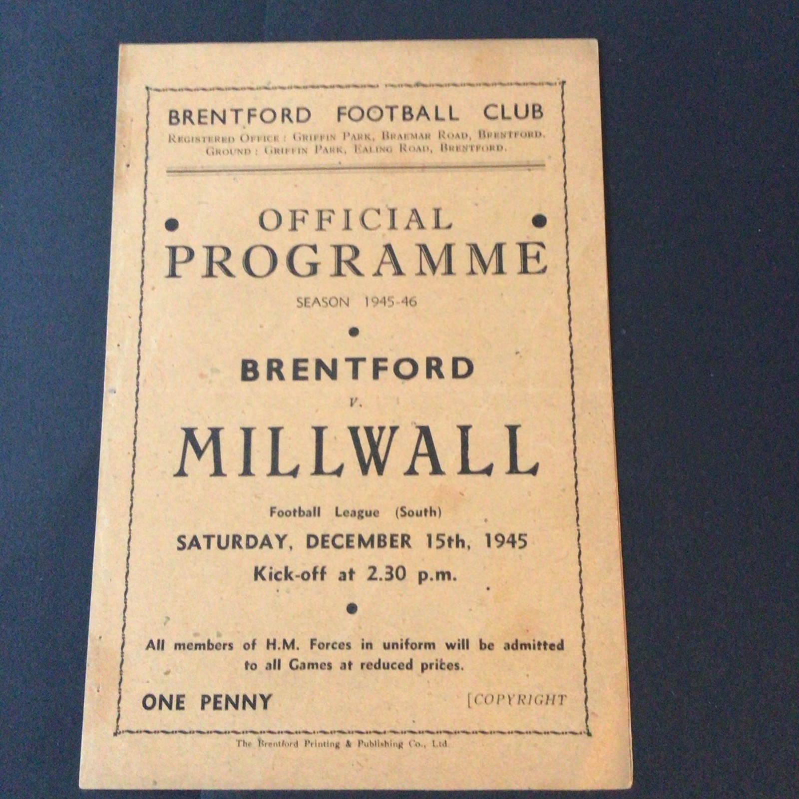 Programme  Brentford v Millwall  15th December 1945  Football League South  for sale on Ebay