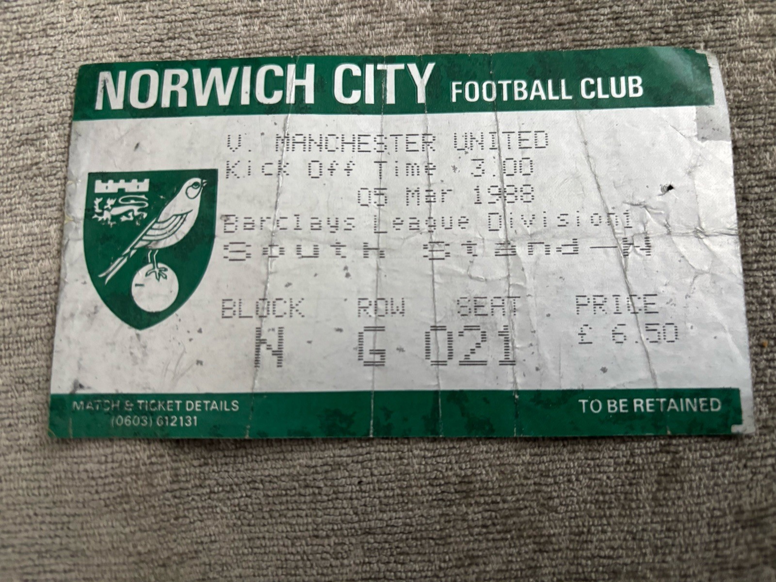 1988/89 NORWICH CITY V MANCHESTER UNITED MAN UTD DIVISION 1 TICKET STUB 5/3/88 for sale on Ebay