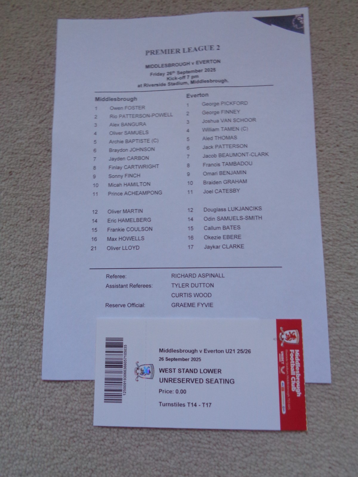 MIDDLESBROUGH U21 v EVERTON U21 PREMIER LEAGUE 2 TEAMSHEET & TICKET UK POST FREE for sale on Ebay