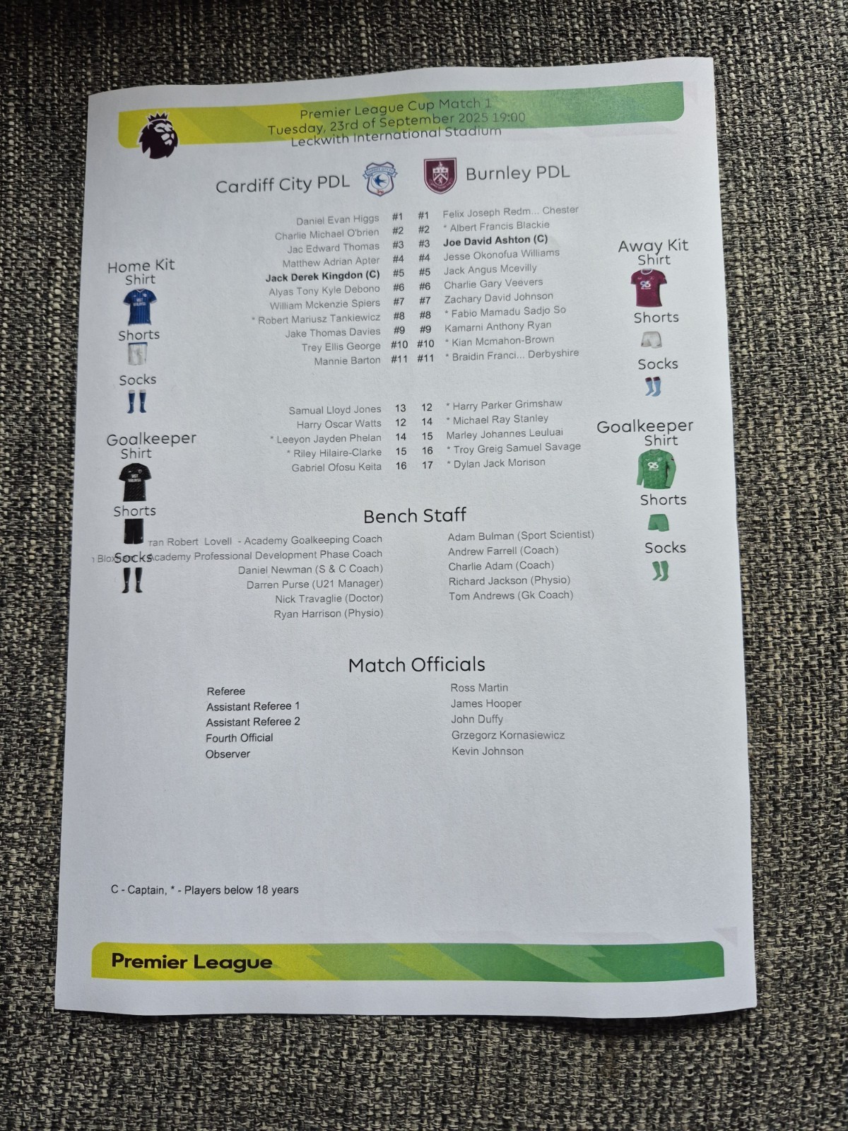 2025/26 Cardiff City U21 v. Burnley U21 (Premier League 2 Cup) for sale on Ebay