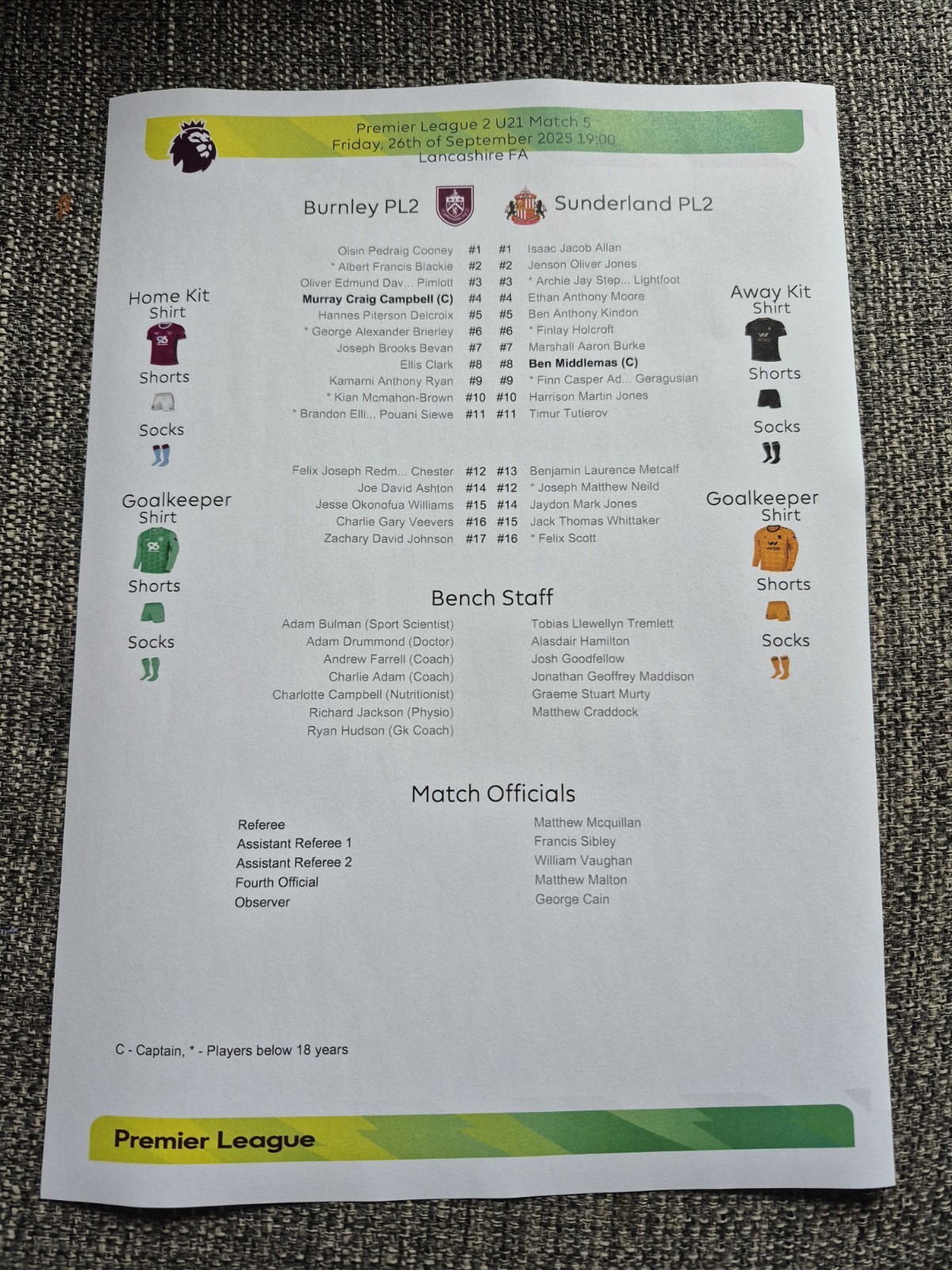 2025/26 Burnley U21 v. Sunderland U21 (Premier League 2) for sale on Ebay