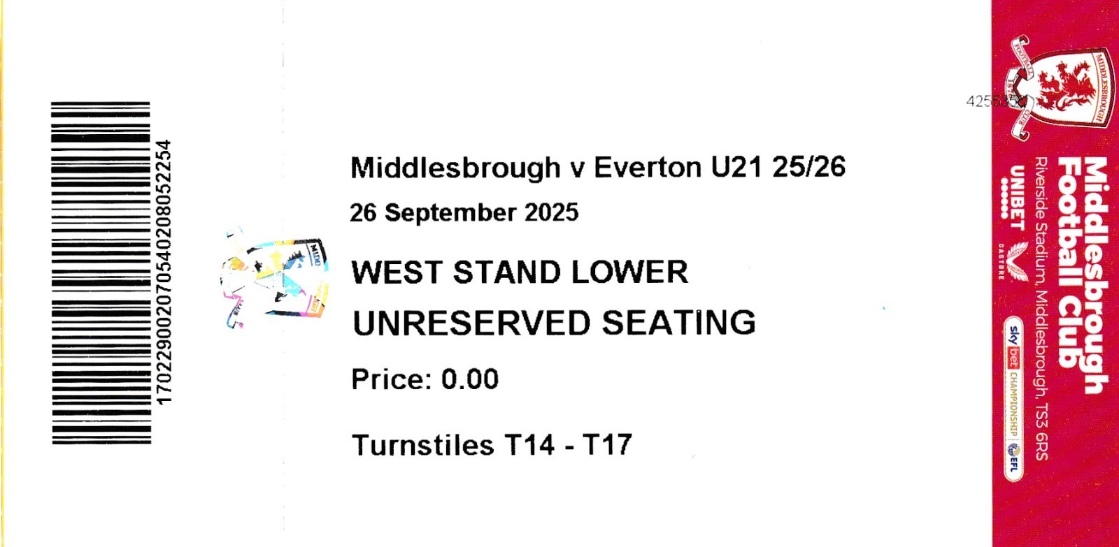 MIDDLESBROUGH U21 v EVERTON U21 PREMIER LEAGUE 2 TICKET UK POST FREE for sale on Ebay