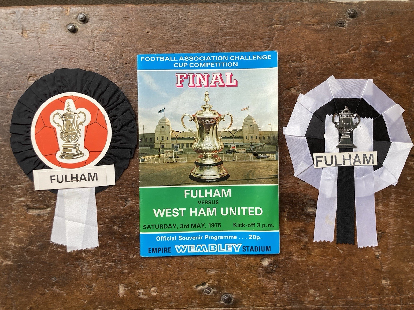 Fulham v West Ham 1975 FA Cup Final Programme With Two Original Fulham Rosettes. for sale on Ebay