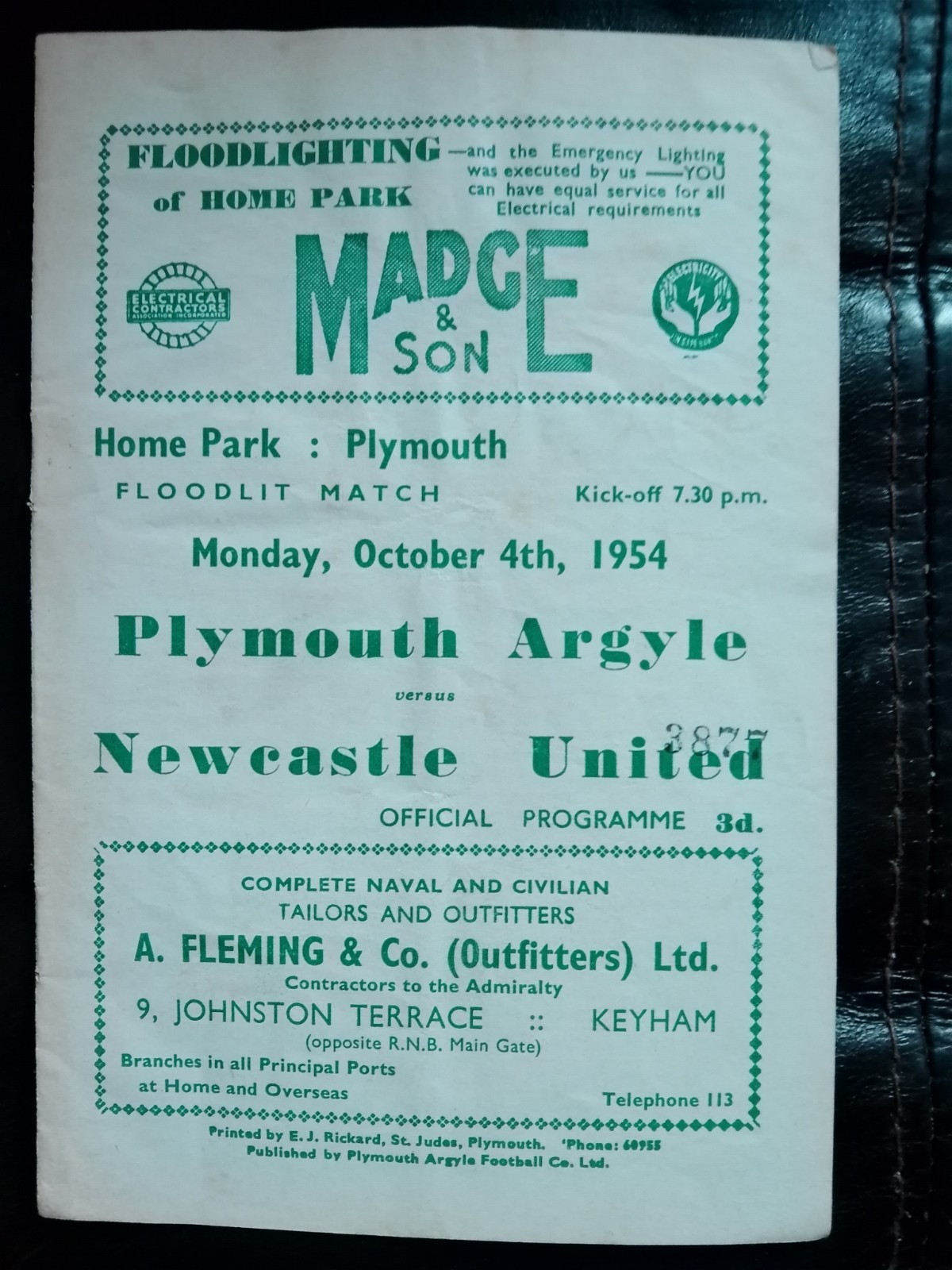 Plymouth Argyle V Newcastle United Floodlit Friendly, October 1954 for sale on Ebay