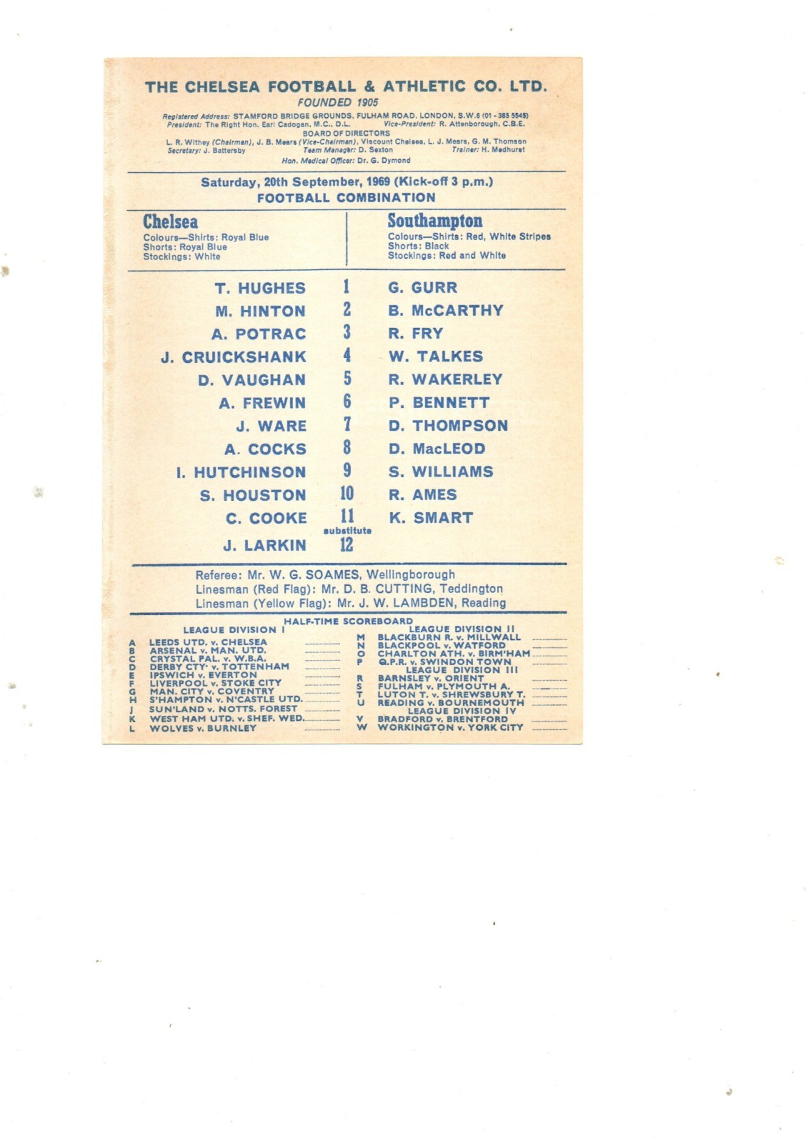 Chelsea Res v Southampton Res 1969 - 1970 for sale on Ebay