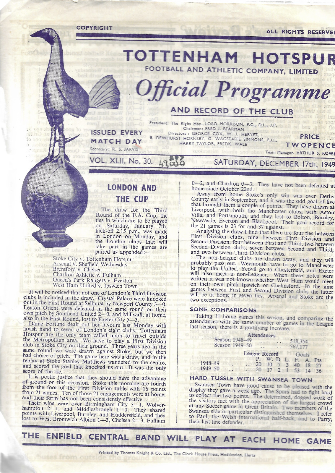 Tottenham Hotspur v Brentford 1949-50 (Div 2 champions) for sale on Ebay