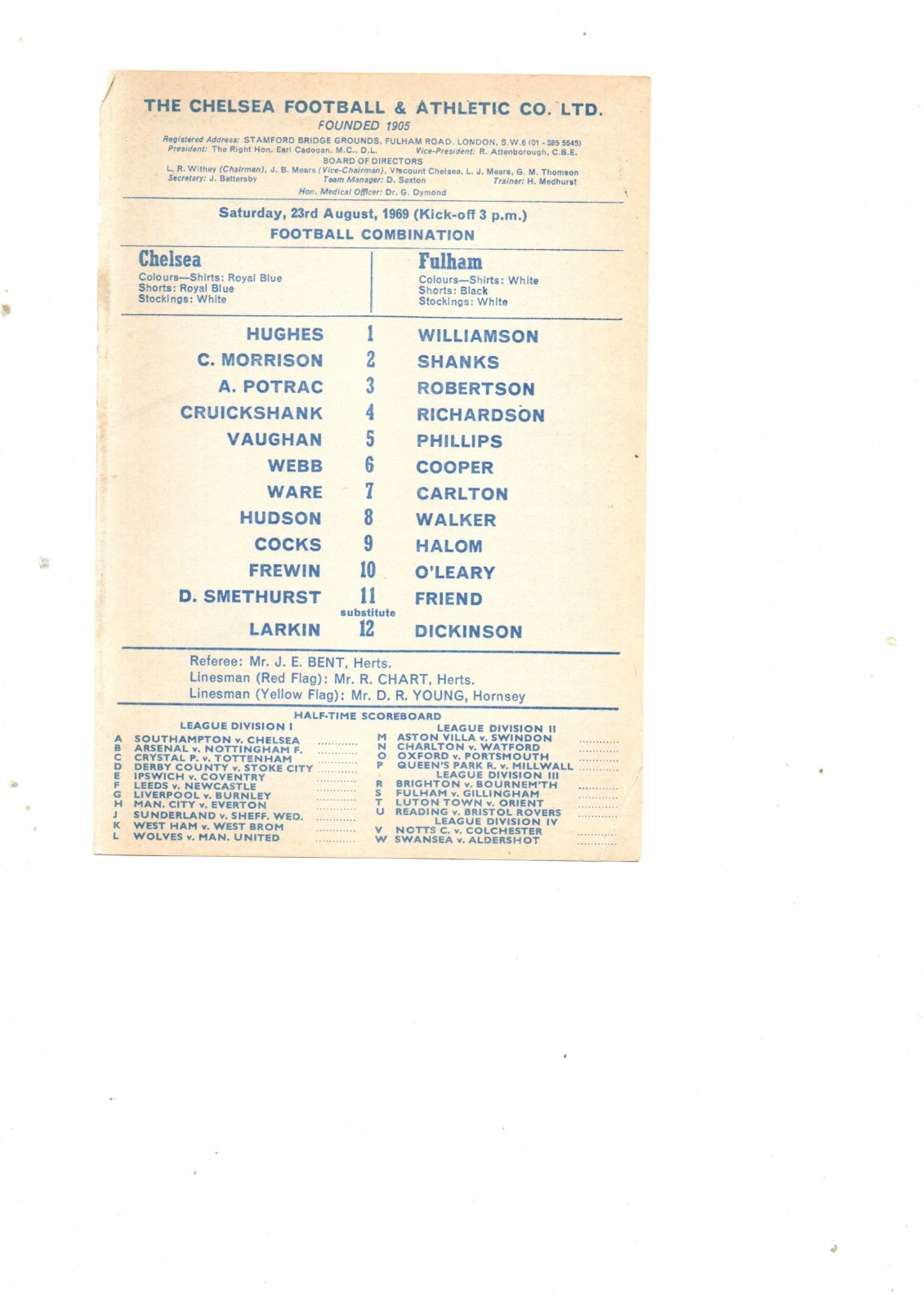 Chelsea Res v Fulham Res 1969 - 1970 for sale on Ebay