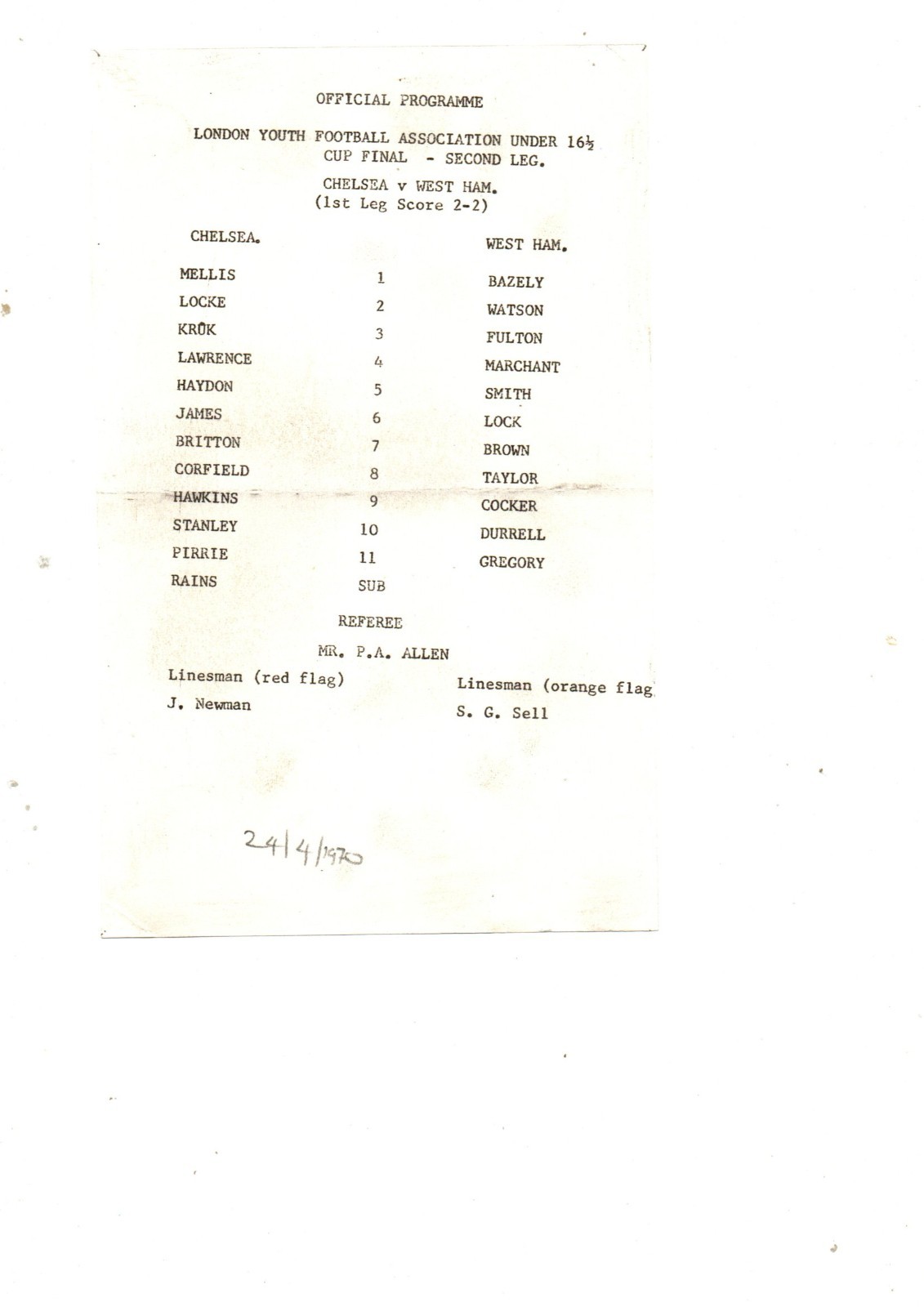 Chelsea v West Ham United 1969- 1970 London Youth Cup Final for sale on Ebay