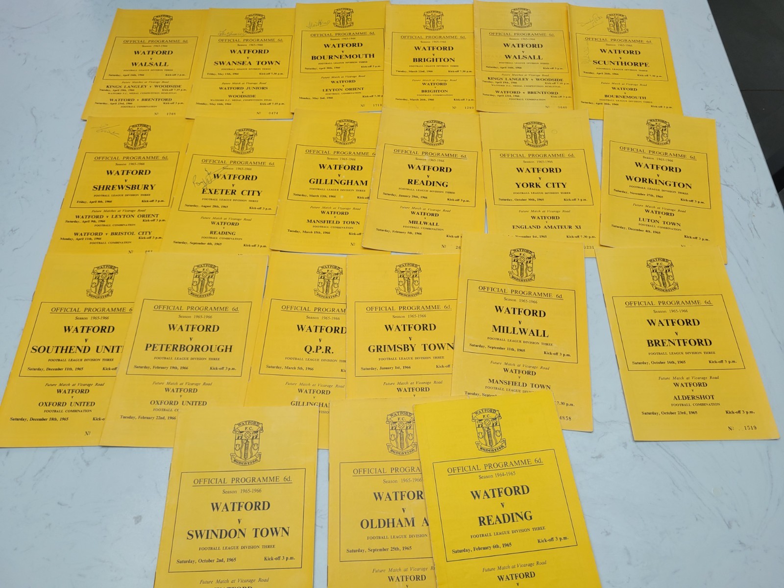 Collection Watford Home programmes 1965 - 66 Season x21   Some player autographs for sale on Ebay