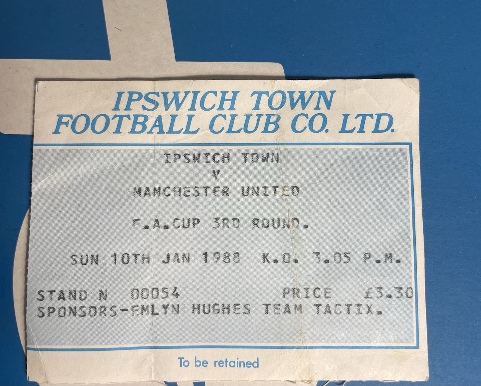 Ipswich Town V Manchester United 1987/1988 FA Cup Ticket Stub for sale on Ebay