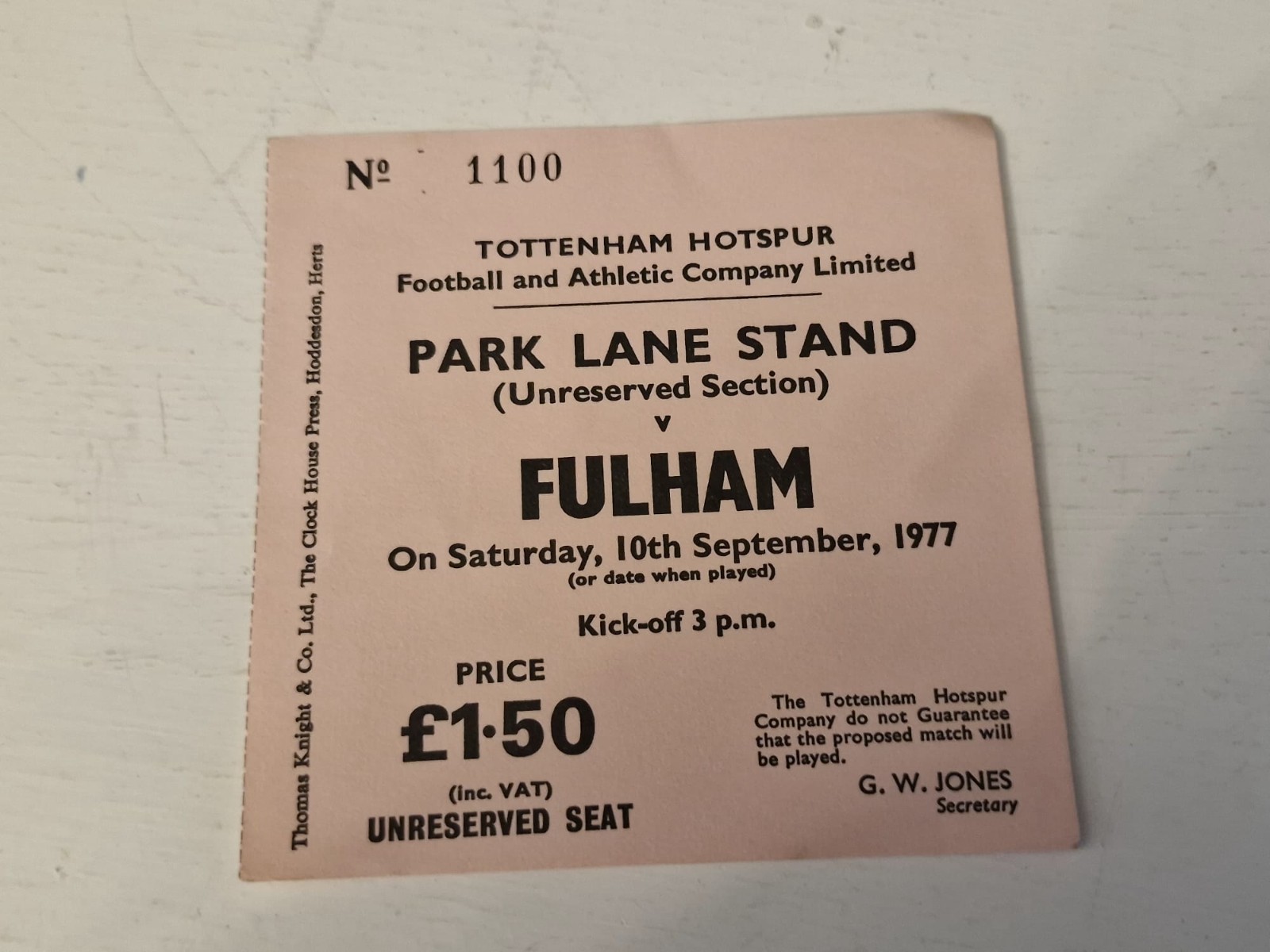 TICKET STUB- TOTTENHAM HOTSPUR V FULHAM- 10 SEPTEMBER 1977 for sale on Ebay
