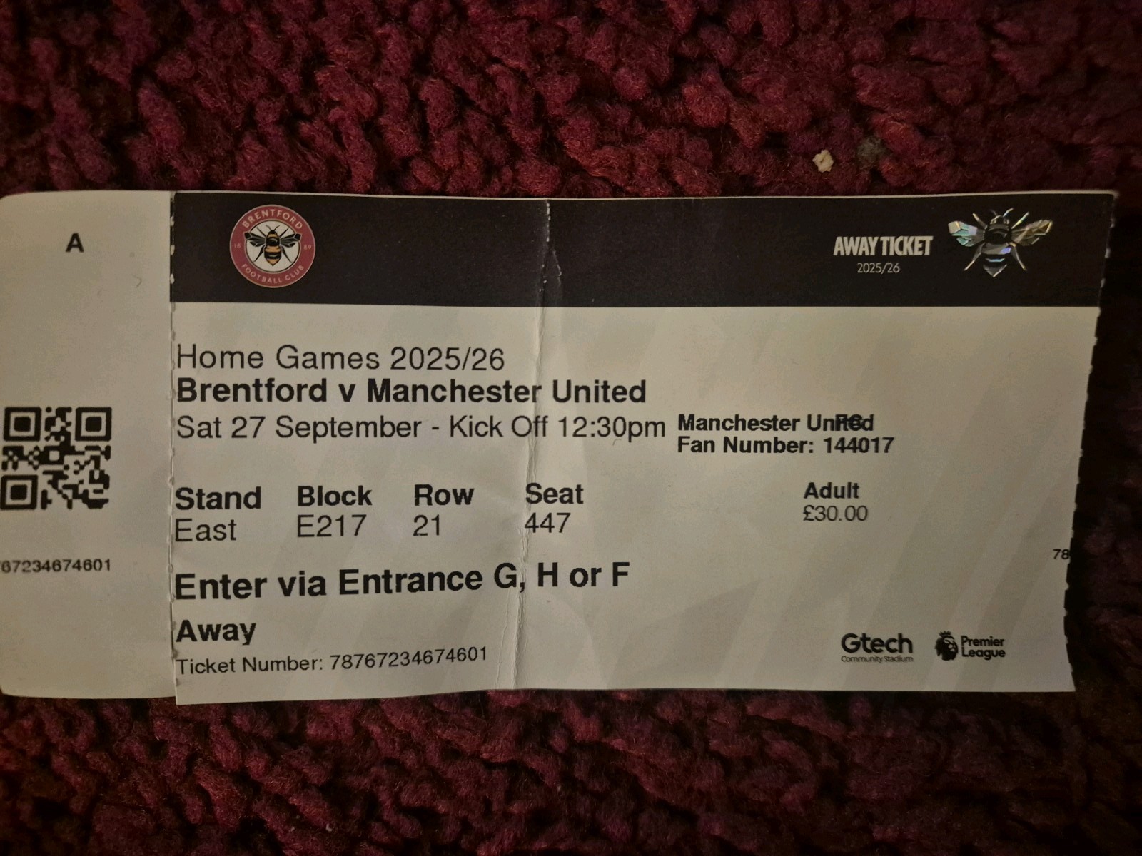 Brentford vs Manchester United Man Utd 2025/26 FA Premier League Match Ticket  for sale on Ebay