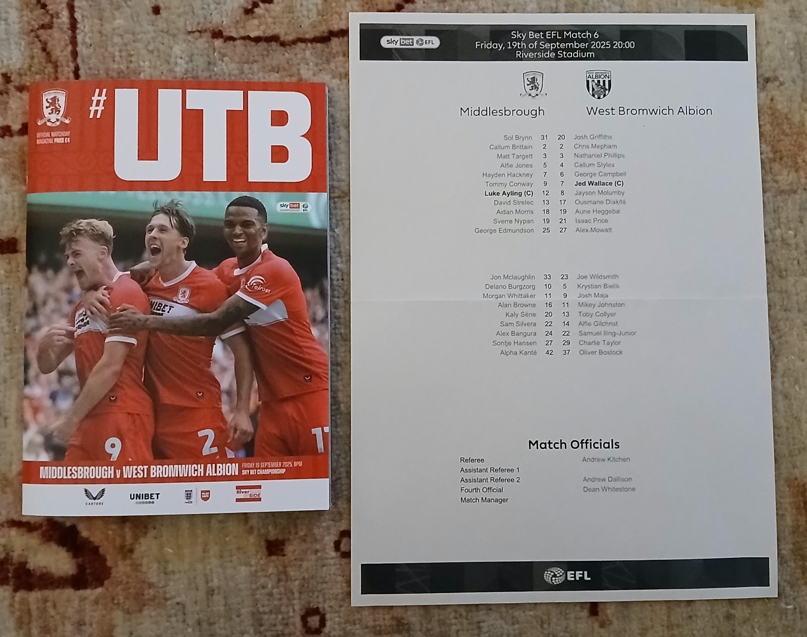 MIDDLESBROUGH v W.B.A. Programme & Teamsheet 19-9-25 Championship for sale on Ebay