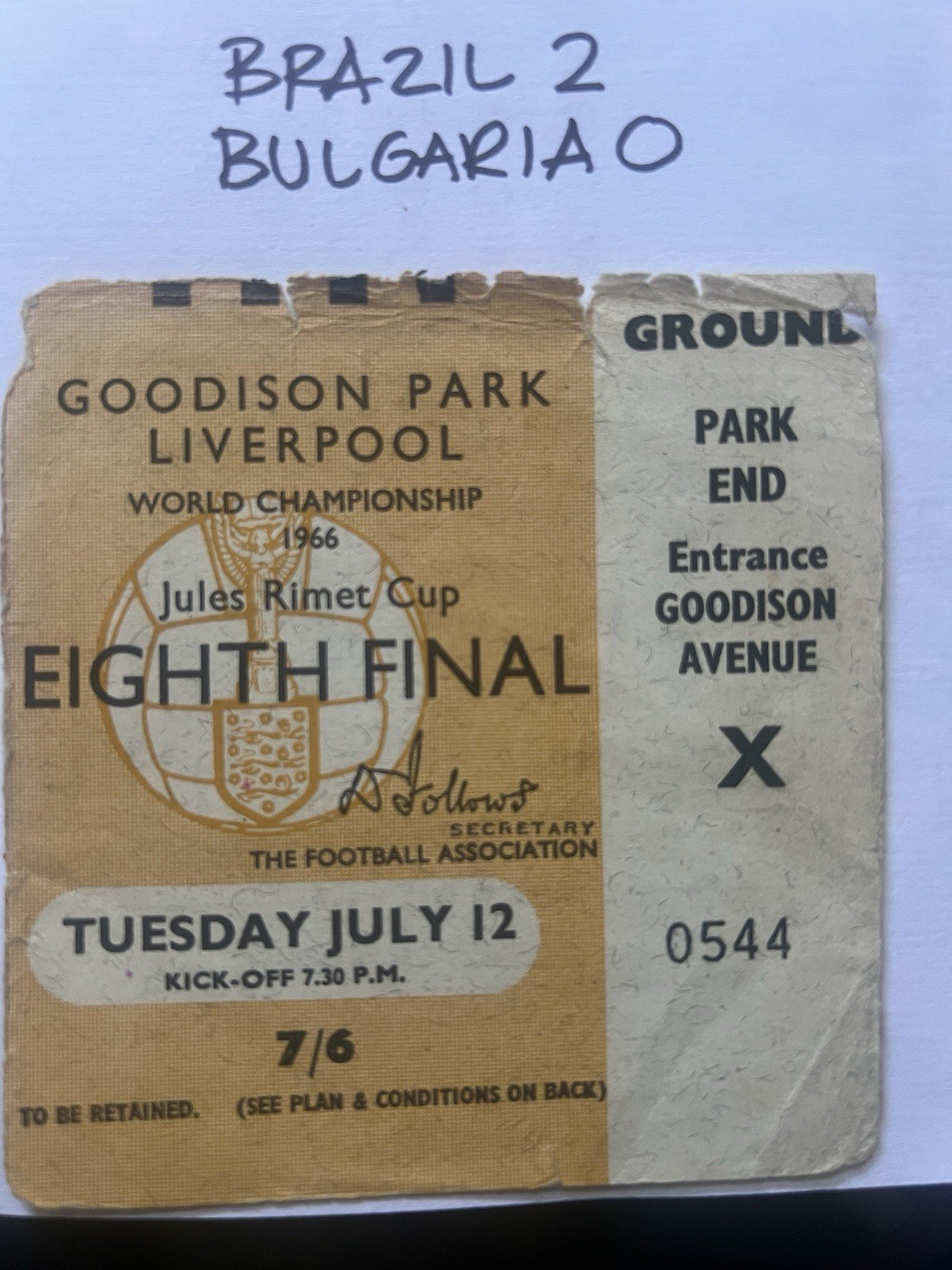 WORLD CUP 1966 - MATCH TICKET - BULGARIA 0-2 BRAZIL @ GOODISON PARK 12/7/66 for sale on Ebay