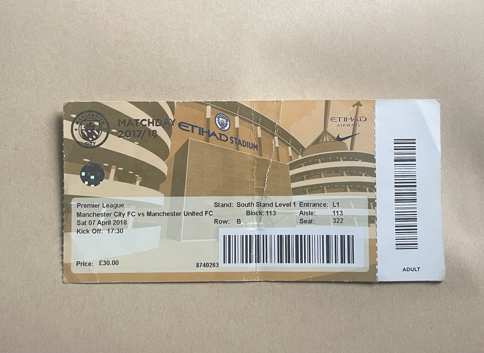 Manchester City v Manchester United 2017/2018 Premier League Ticket Stub for sale on Ebay