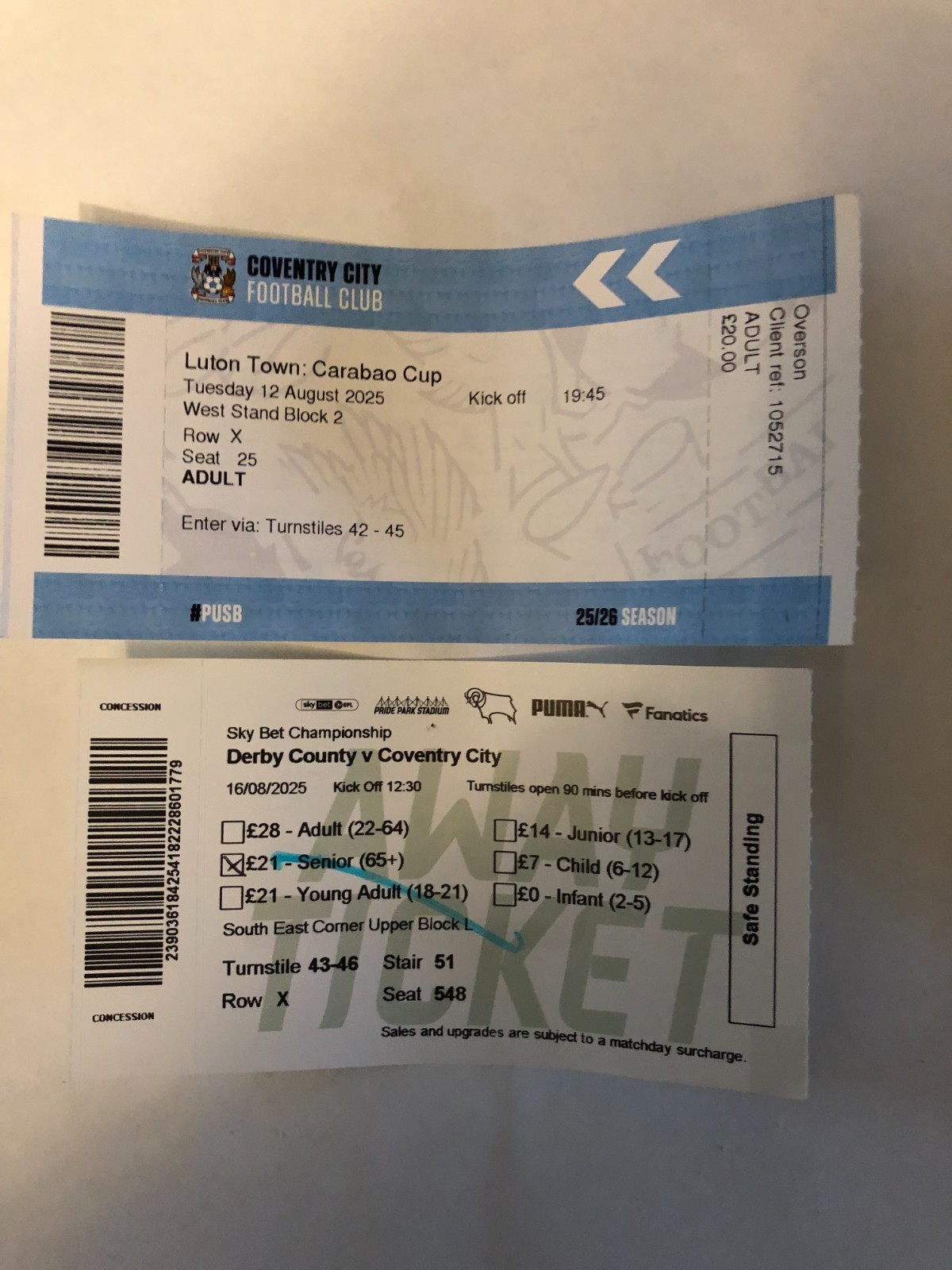 2 COVENTRY CITY TICKETS 2025/26 for sale on Ebay