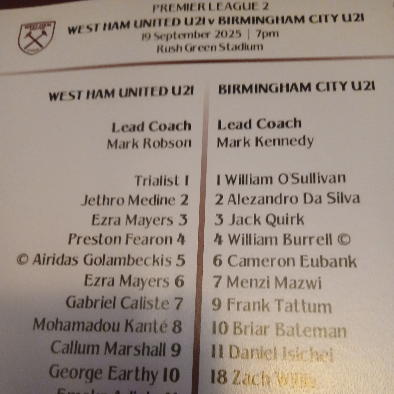 West Ham u21s v Birmingham City u21s Official Colour Team Sheet 19/9/25MISPRINT  for sale on Ebay